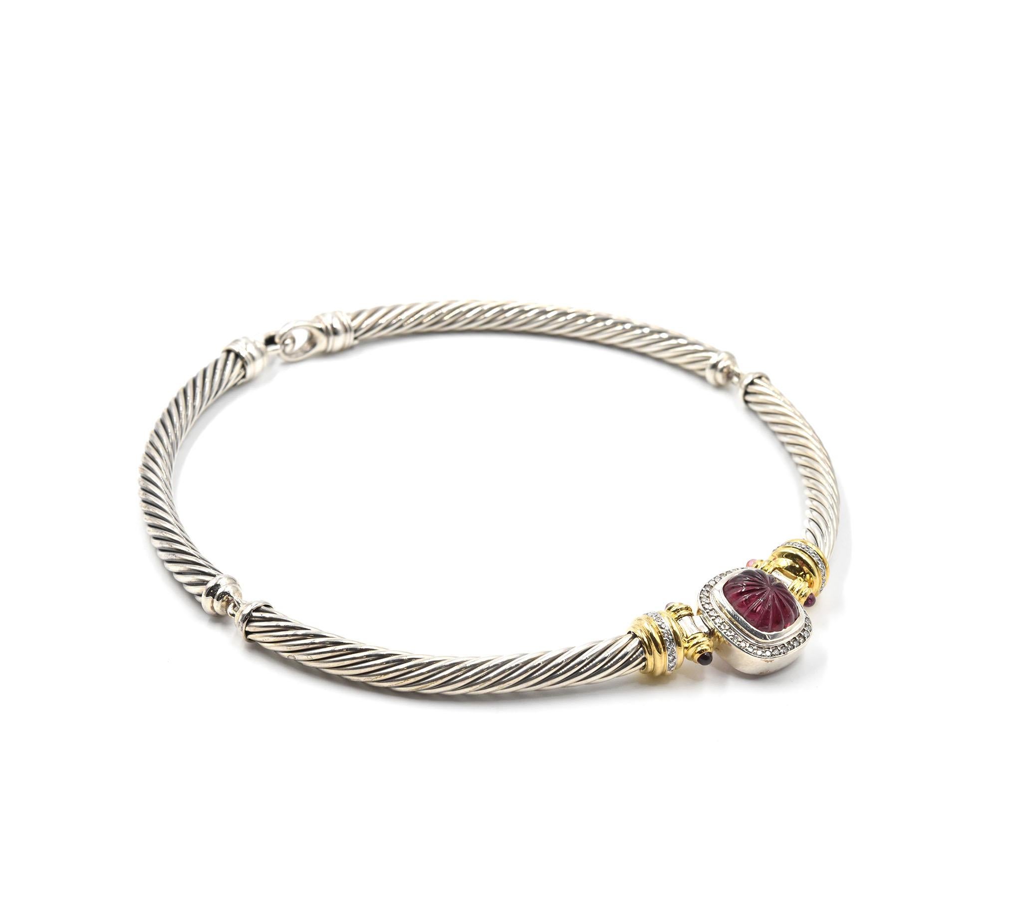 Designer: David Yurman
Material: 18k yellow gold & sterling silver
Pink Tourmaline: carved cabochon pink tourmaline
Diamonds: 60 round brilliant cut = 0.60 carat total weight
Dimensions: choker necklace is 14-inch long and 1/4-inch wide
Weight: