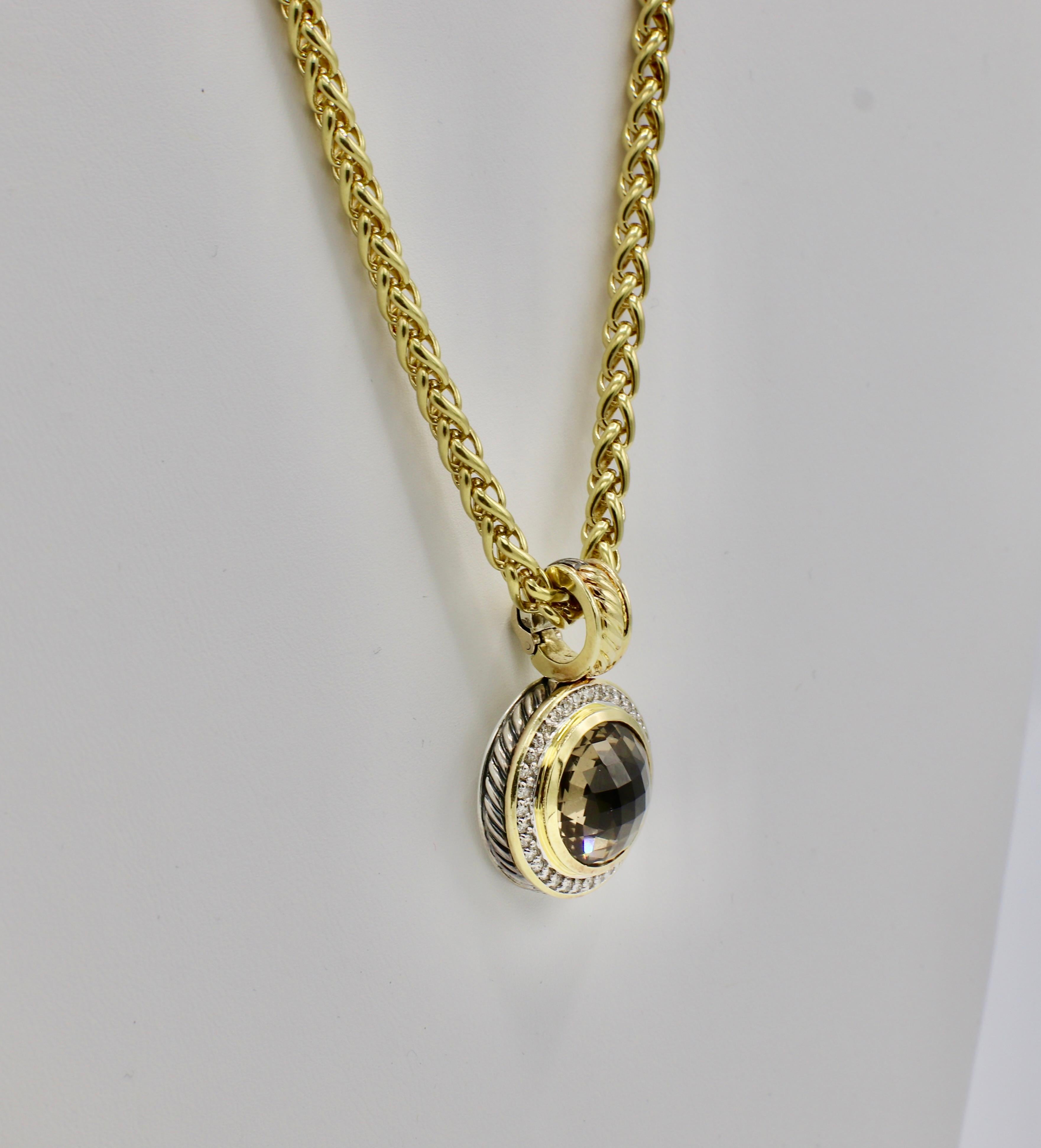 Modern David Yurman 18K Gold & Sterling Silver Smoky Quartz Diamond Pendant Necklace