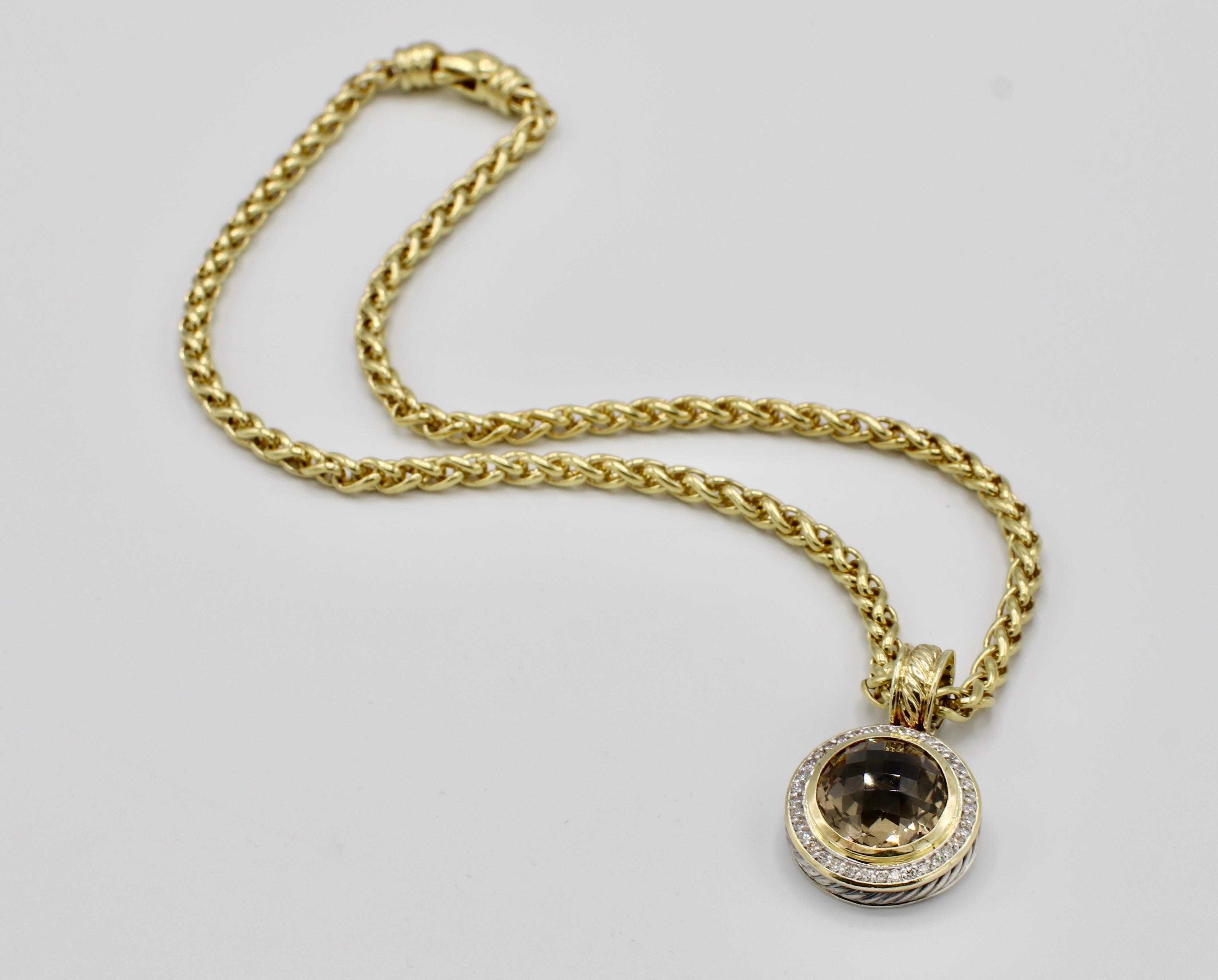David Yurman: 18 Karat Gold & Sterlingsilber Halskette mit Rauchquarz-Diamant-Anhänger (Rundschliff)