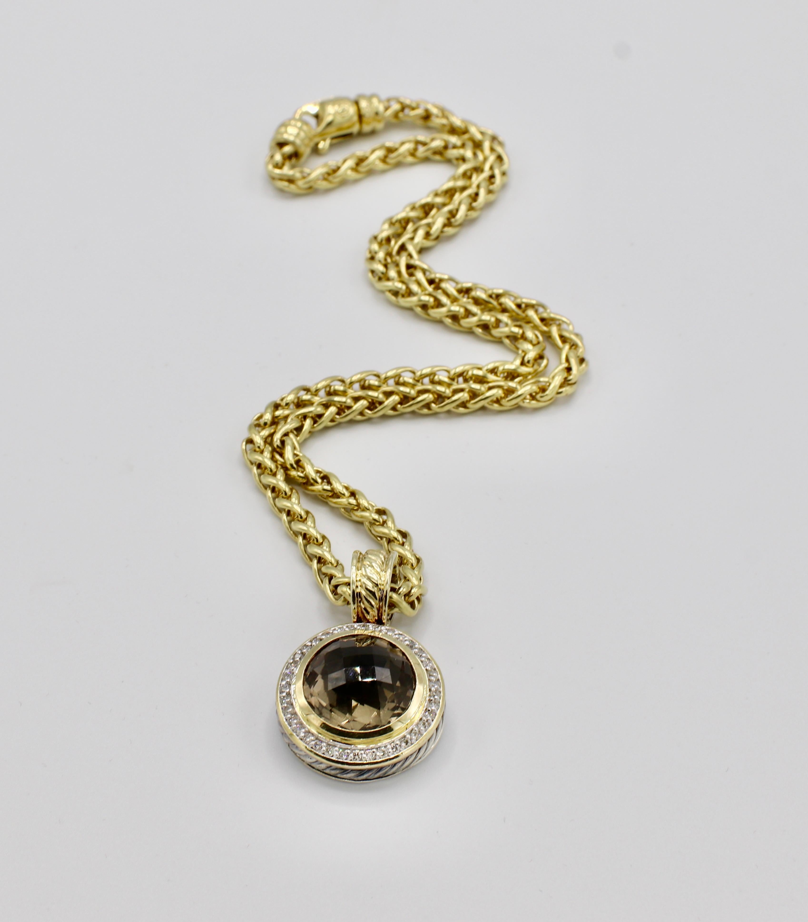 David Yurman 18K Gold & Sterling Silver Smoky Quartz Diamond Pendant Necklace In Good Condition In  Baltimore, MD