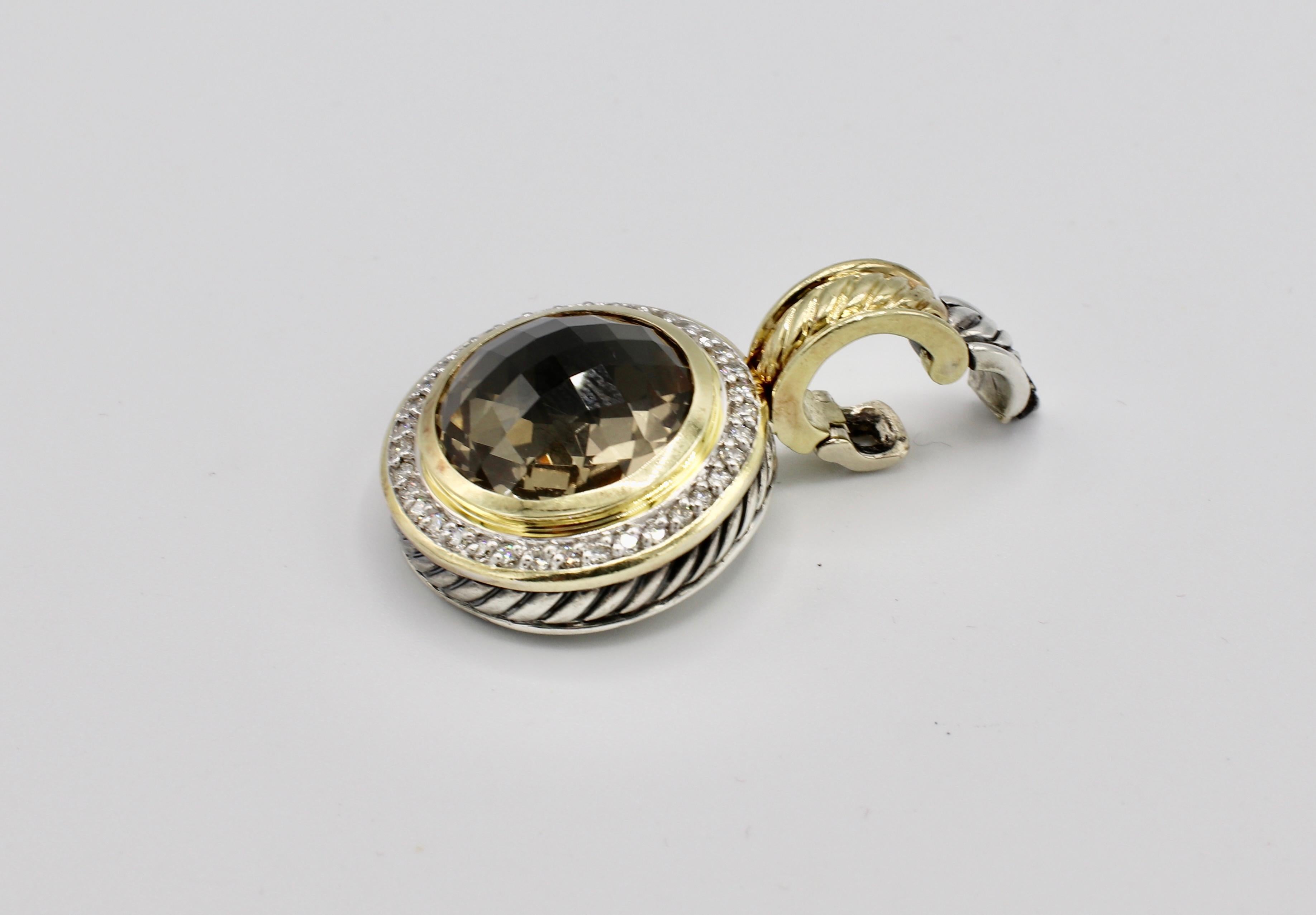 David Yurman: 18 Karat Gold & Sterlingsilber Halskette mit Rauchquarz-Diamant-Anhänger für Damen oder Herren