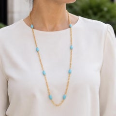David Yurman 18k Gold Twisted Cable & Plain Link Turquoise Station Necklace