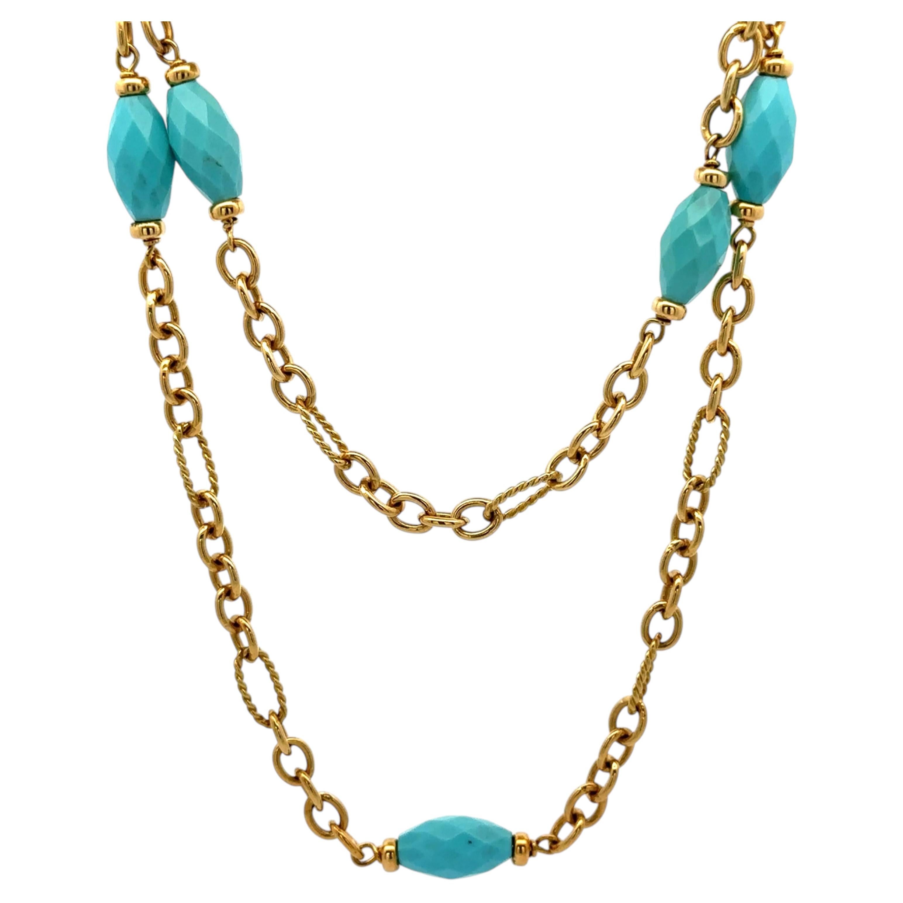David Yurman 18k Gold Twisted Cable & Plain Link Turquoise Station Necklace For Sale