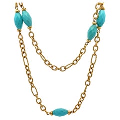 David Yurman 18k Gold Twisted Cable & Plain Link Turquoise Station Necklace