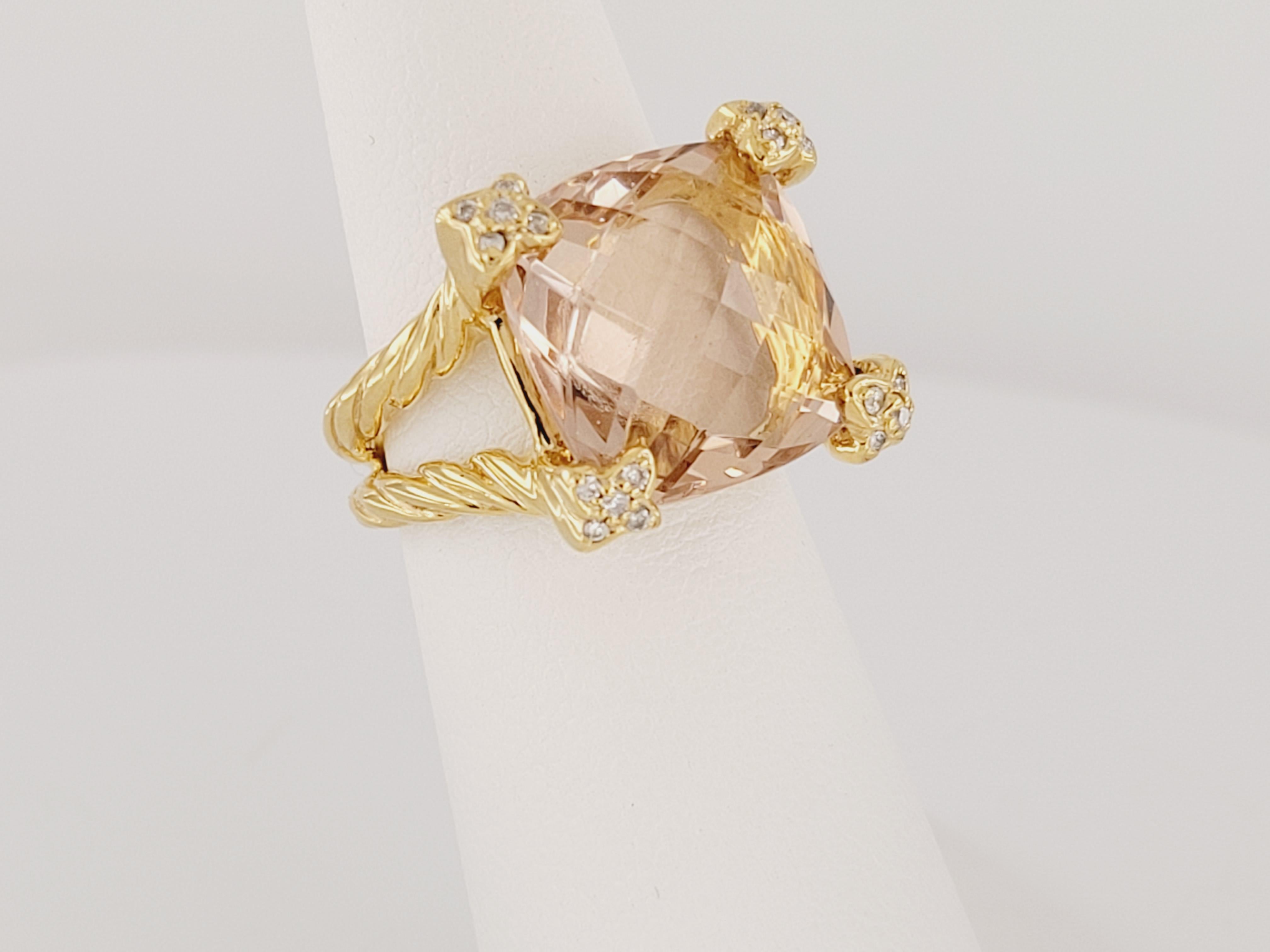 David Yurman  18K Morganite & Diamond Cushion on point Ring size 5.25 In New Condition For Sale In New York, NY