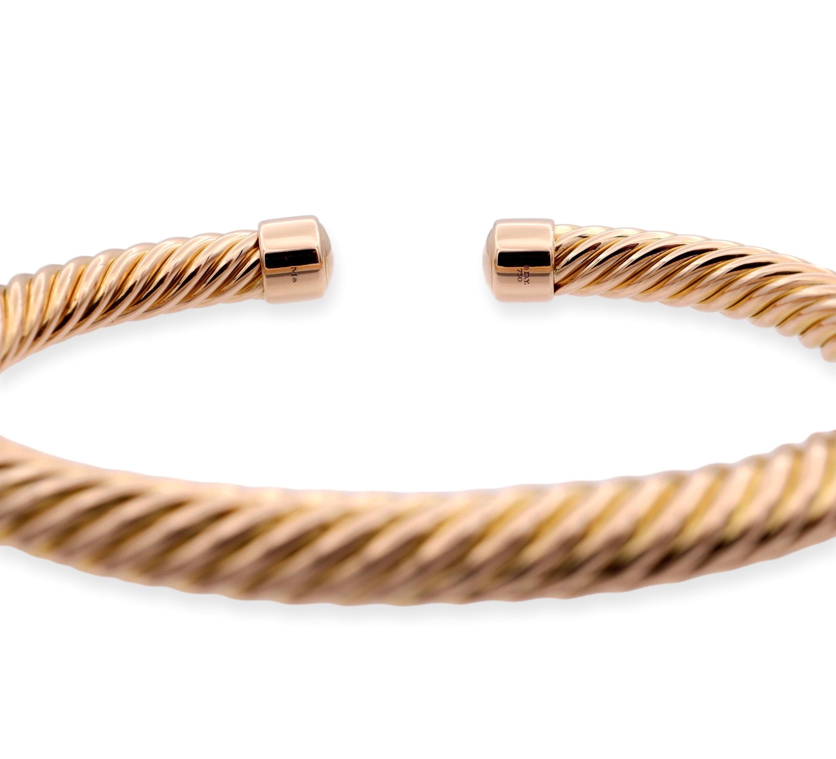Modern David Yurman 18k Rose Gold Men's Cable Open-Cuff Bangle Bracelet Medium