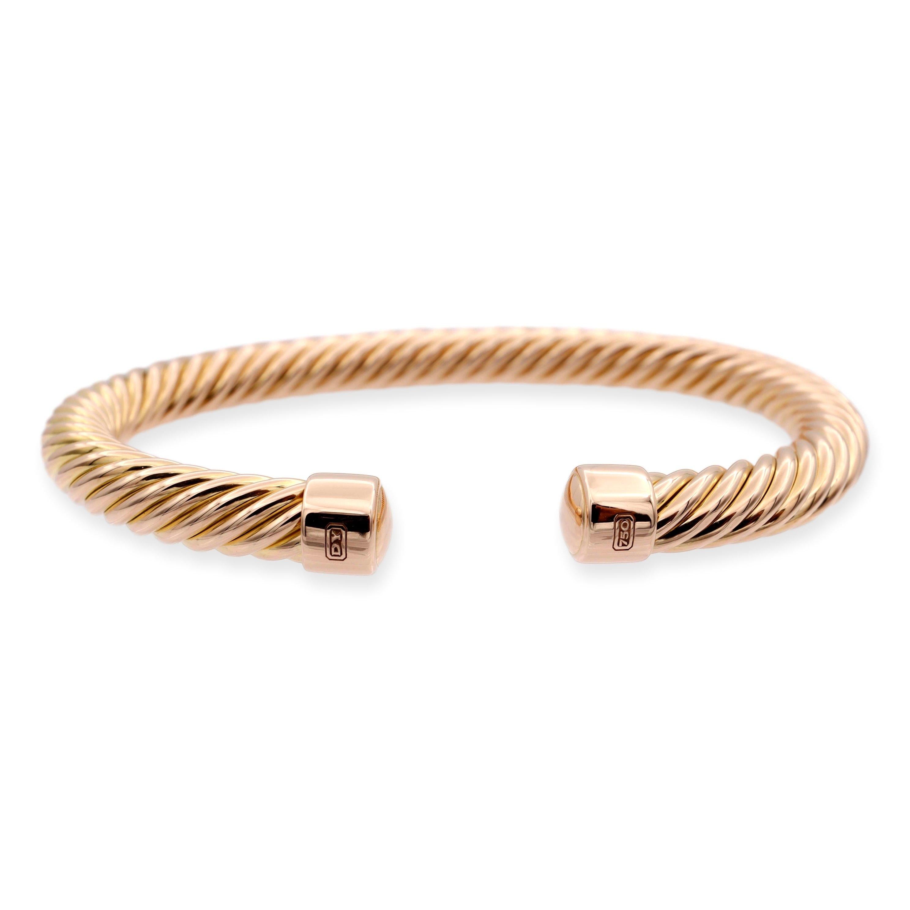 David Yurman 18k Rose Gold Men's Cable Open-Cuff Bangle Bracelet Medium In Excellent Condition In New York, NY