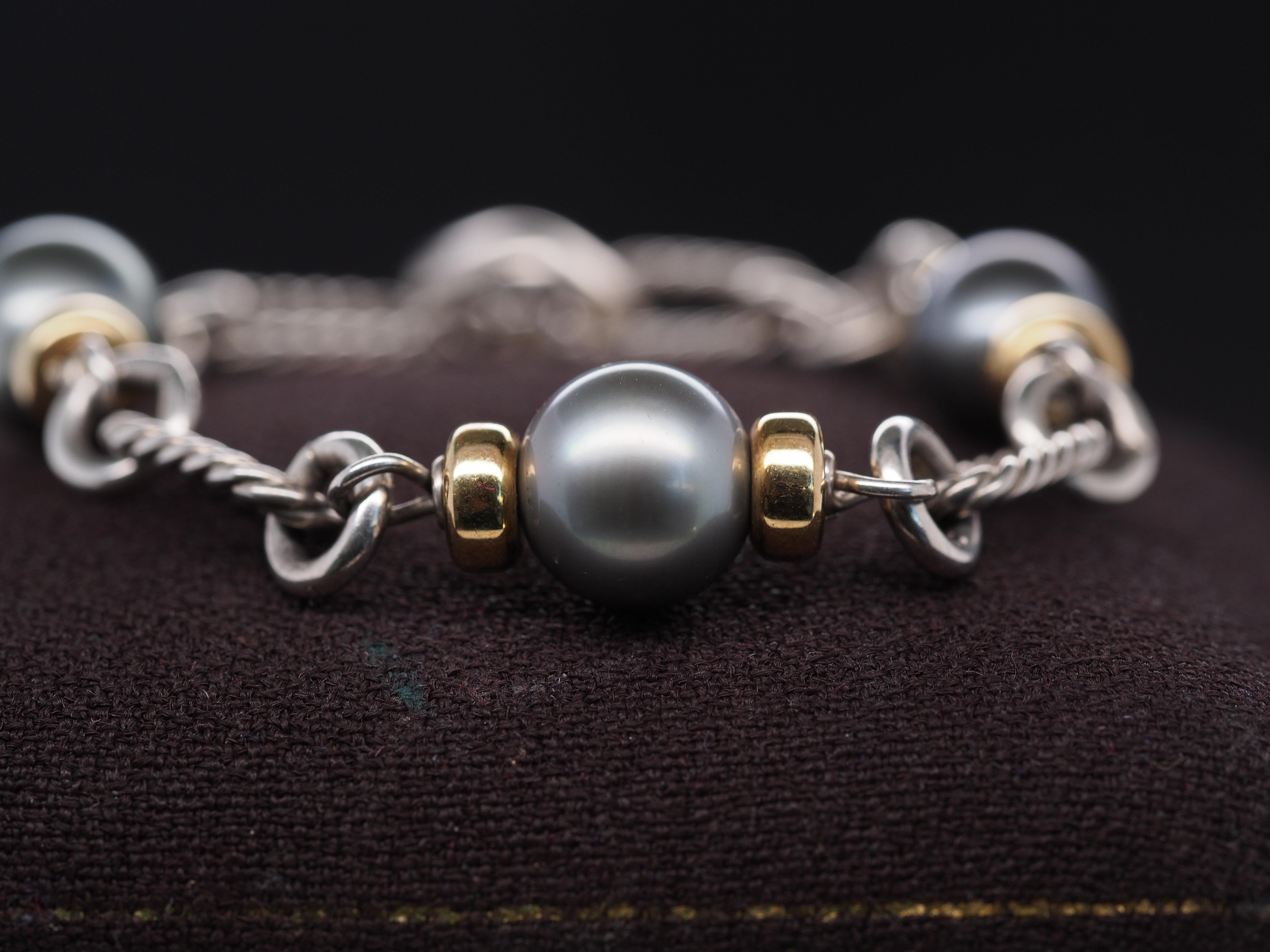 David Yurman Bracciale A Link con perle in argento e 18k In condizioni buone in vendita a Hicksville, NY