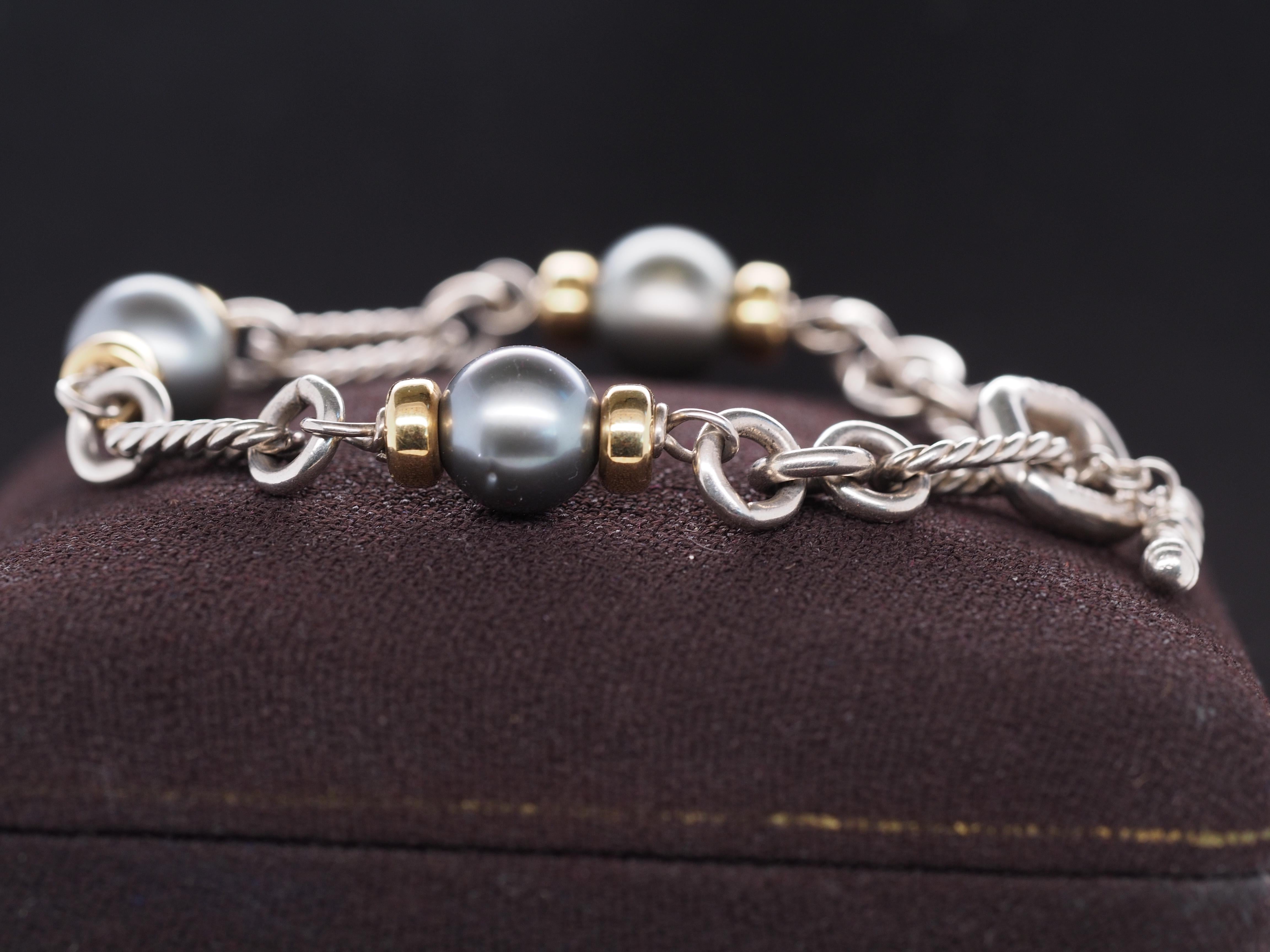 David Yurman Bracciale A Link con perle in argento e 18k in vendita 2