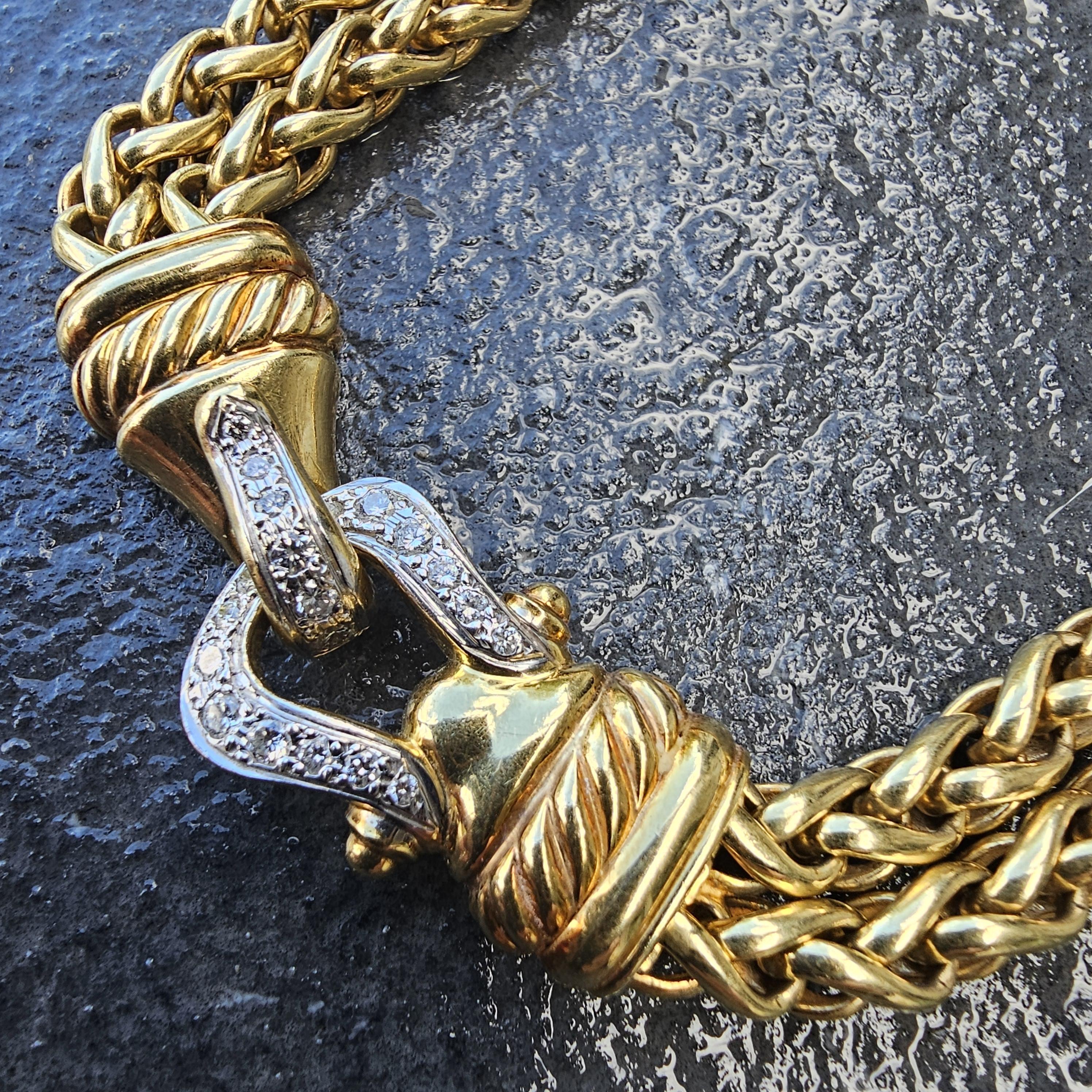 David Yurman 18k Solid Gold Diamond Buckle Chain Double Wheat Necklace 157.7g For Sale 5