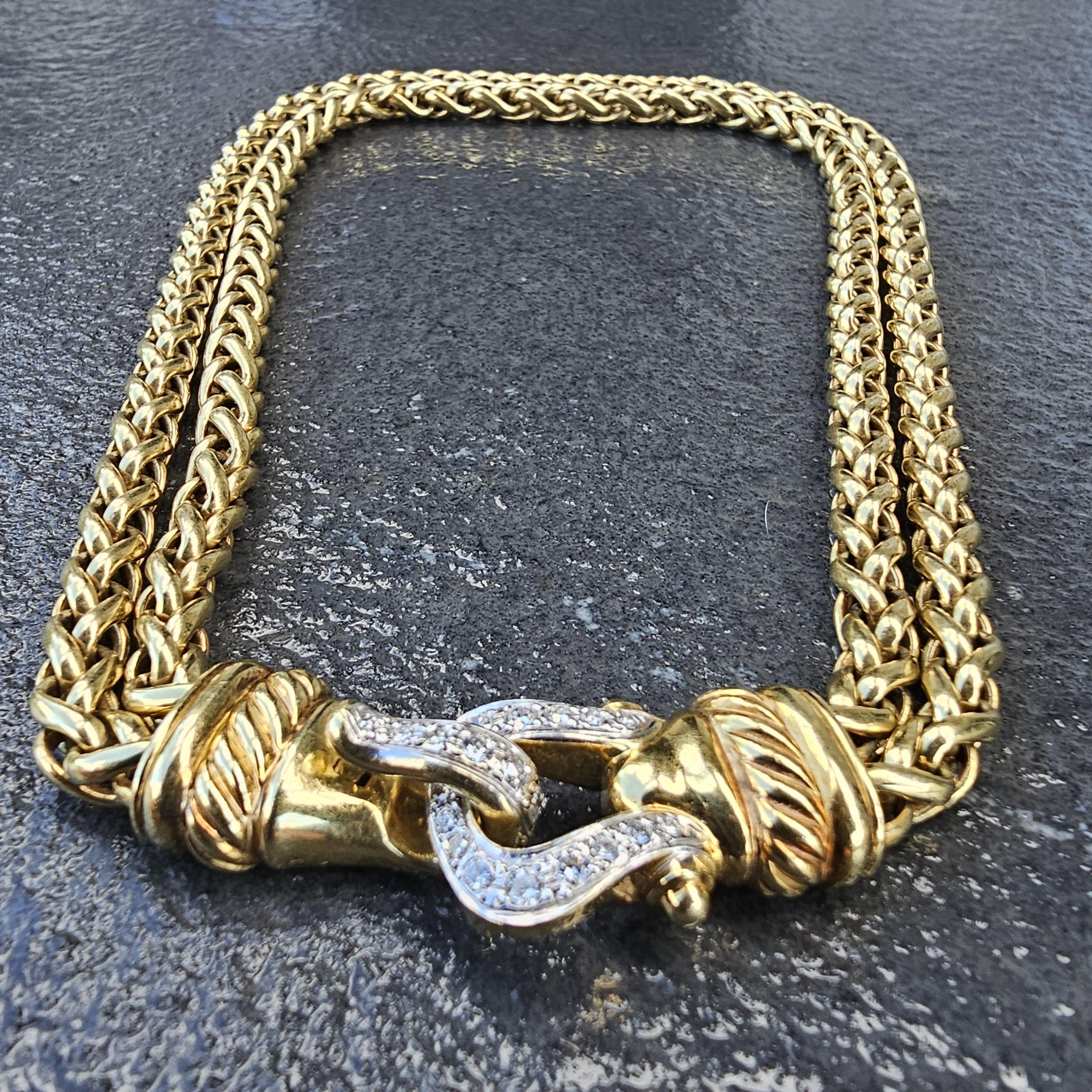 Round Cut David Yurman 18k Solid Gold Diamond Buckle Chain Double Wheat Necklace 157.7g For Sale