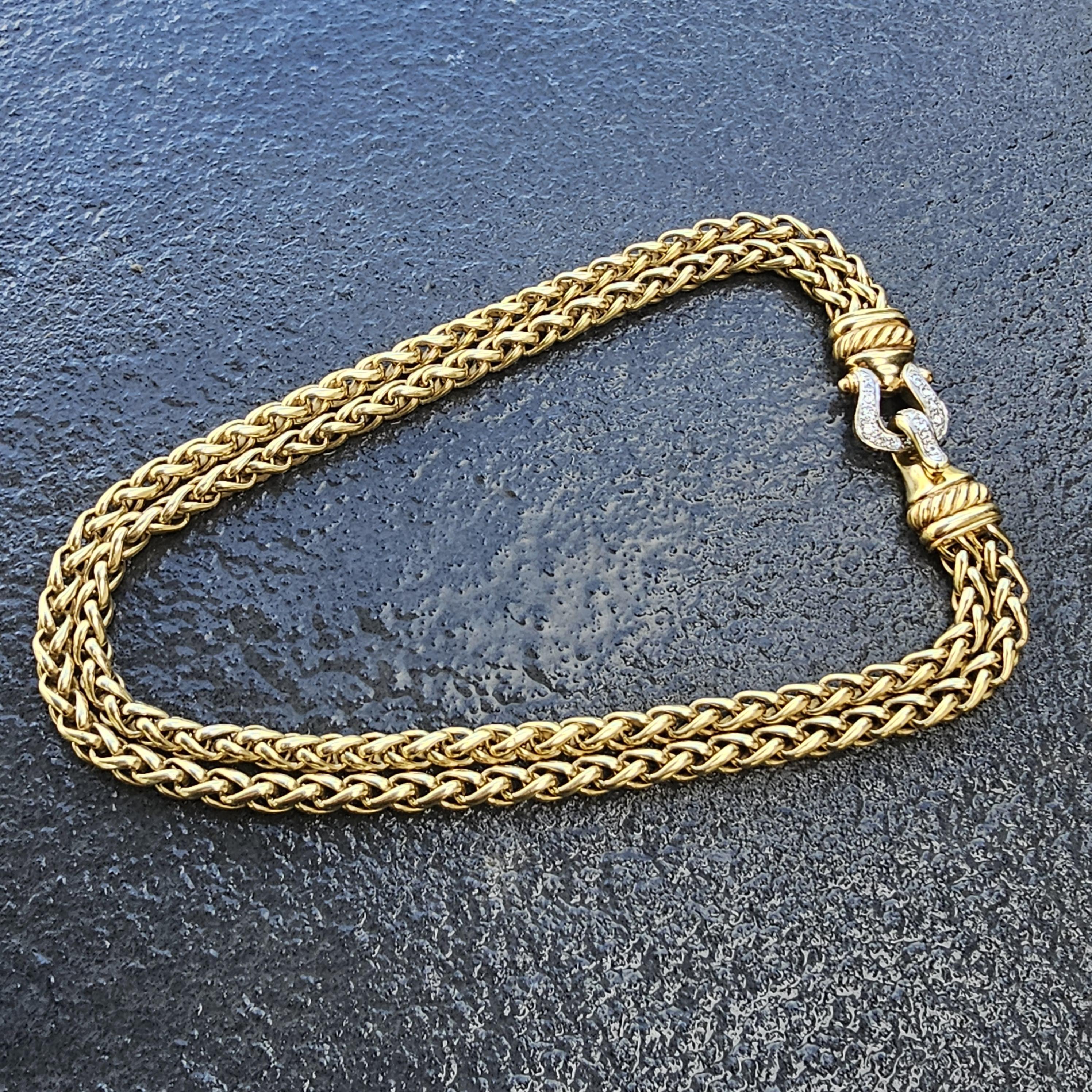 David Yurman 18k Solid Gold Diamond Buckle Chain Double Wheat Necklace 157.7g In Good Condition For Sale In Northbrook, IL