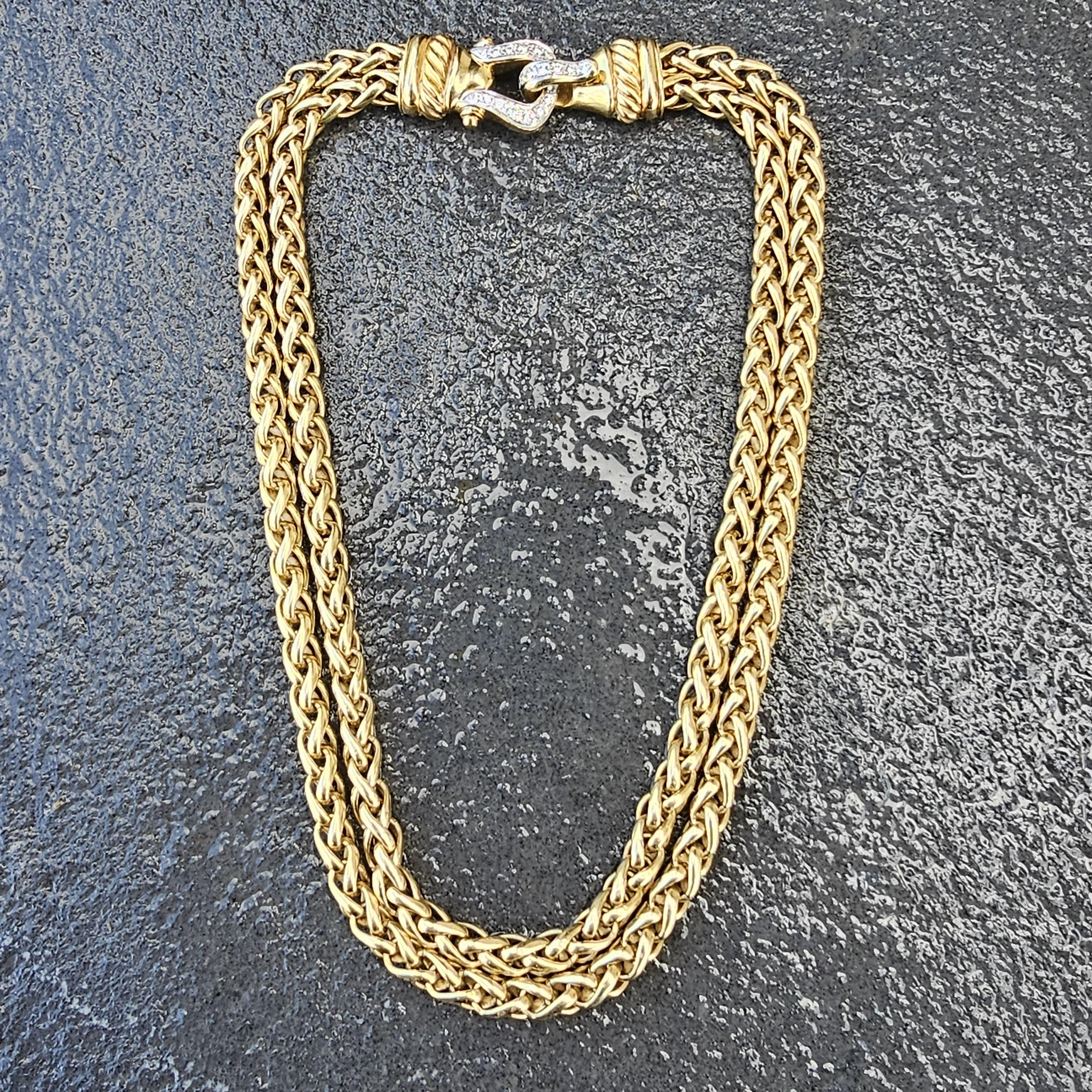 David Yurman 18k Solid Gold Diamond Buckle Chain Double Wheat Necklace 157.7g For Sale 2