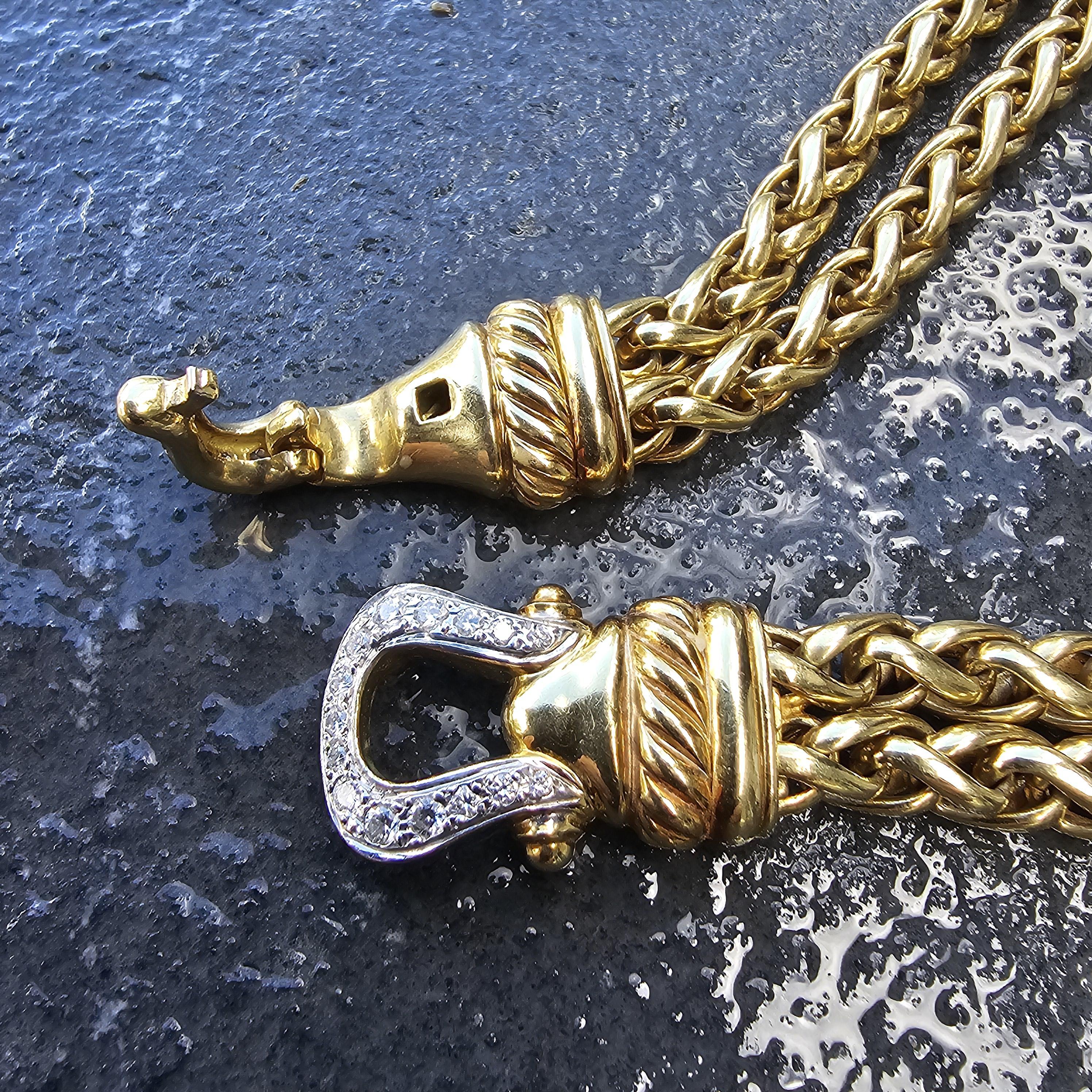David Yurman 18k Solid Gold Diamond Buckle Chain Double Wheat Necklace 157.7g For Sale 4