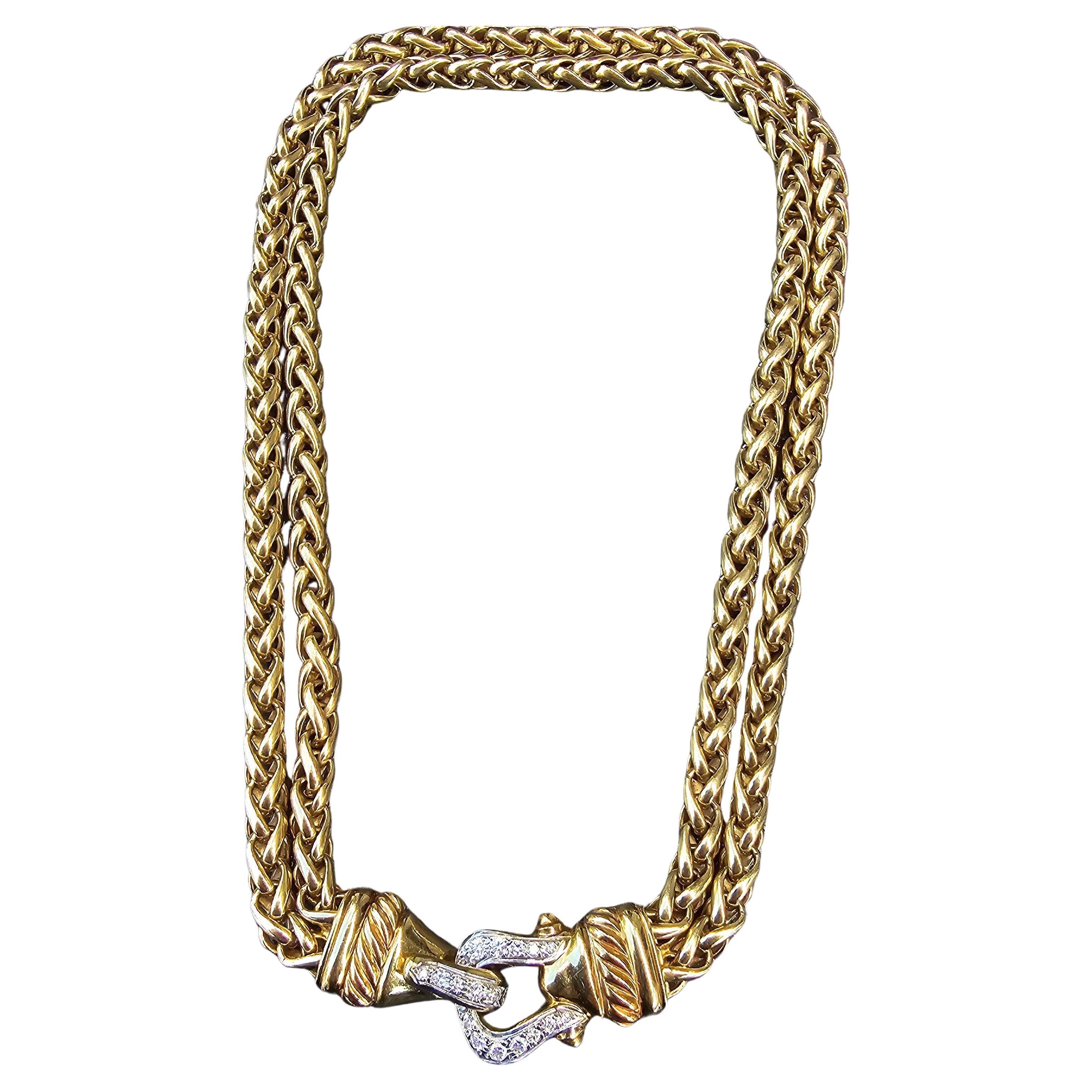 David Yurman 18k Solid Gold Diamond Buckle Chain Double Wheat Necklace 157.7g For Sale