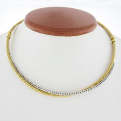 David Yurman 18K TT Gold Cable & Pave Diamond Tube Crossover Link Chain Necklace