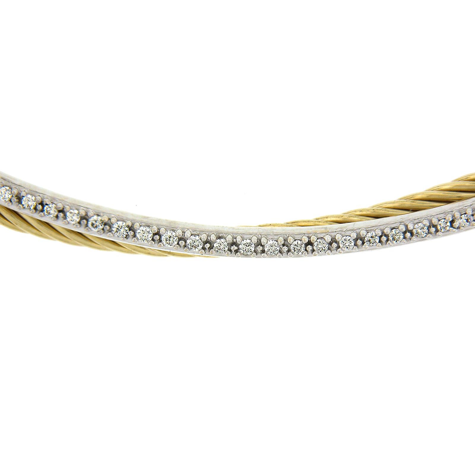 David Yurman 18K TT Gold Cable & Pave Diamond Tube Crossover Link Chain Necklace For Sale 3