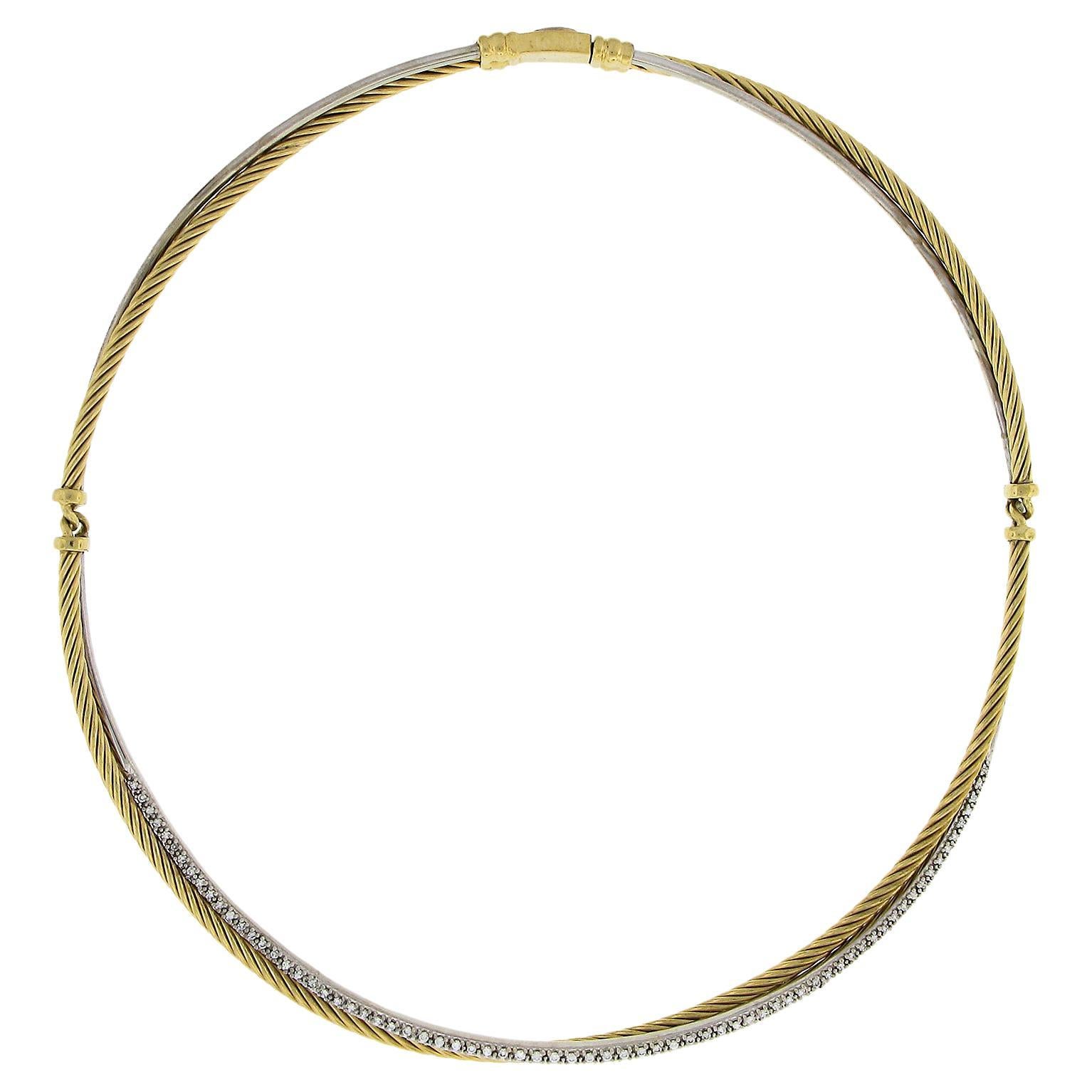 David Yurman 18K TT Gold Cable & Pave Diamond Tube Crossover Link Chain Necklace For Sale