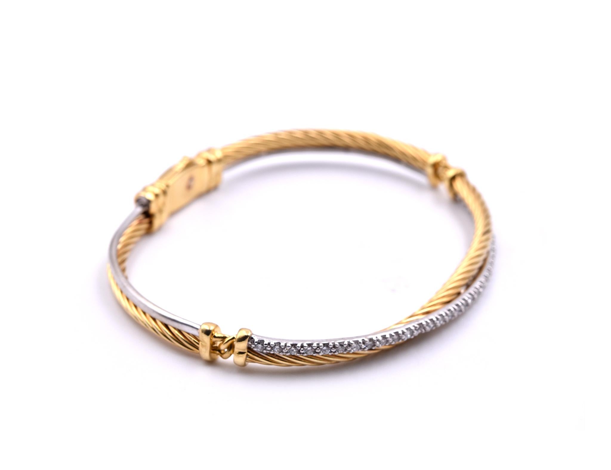 Designer: David Yurman
Material: 18k white & yellow gold
Diamonds: 33 round brilliant cut=.50cttw
Color: G
Clarity: VS
Dimensions: bracelet will fit a 6 ½ -inch wrist
Weight: 16.21 grams
