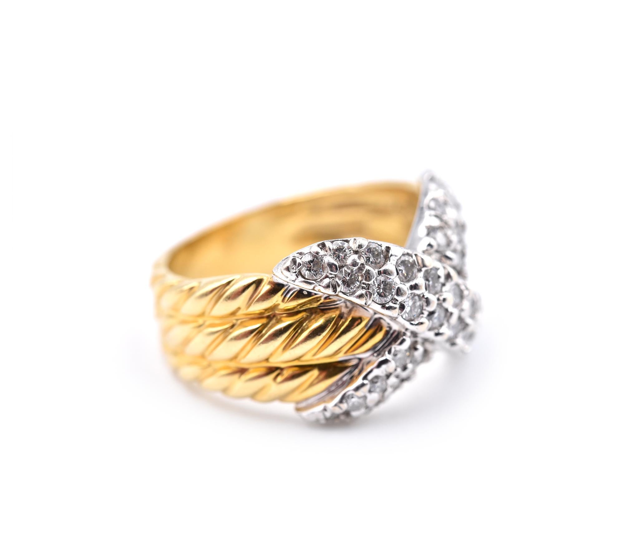 Designer: David Yurman
Material: 18k white and yellow gold
Diamonds: 26 round brilliant diamonds= .26cttw
Color: G
Clarity: VS
Size: 6 ¾ (please allow two additional shipping days for sizing requests)
Dimensions: ring is 12.36mm wide
Weight: 9.6