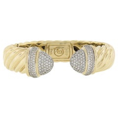 David Yurman 18k Two Tone Gold Pave Diamond Open Waverly Cuff Bangle Bracelet