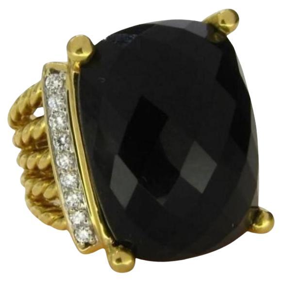 David Yurman 18k Wheaton Ring Faceted Black Onyx Diamonds Yellow Gold For Sale