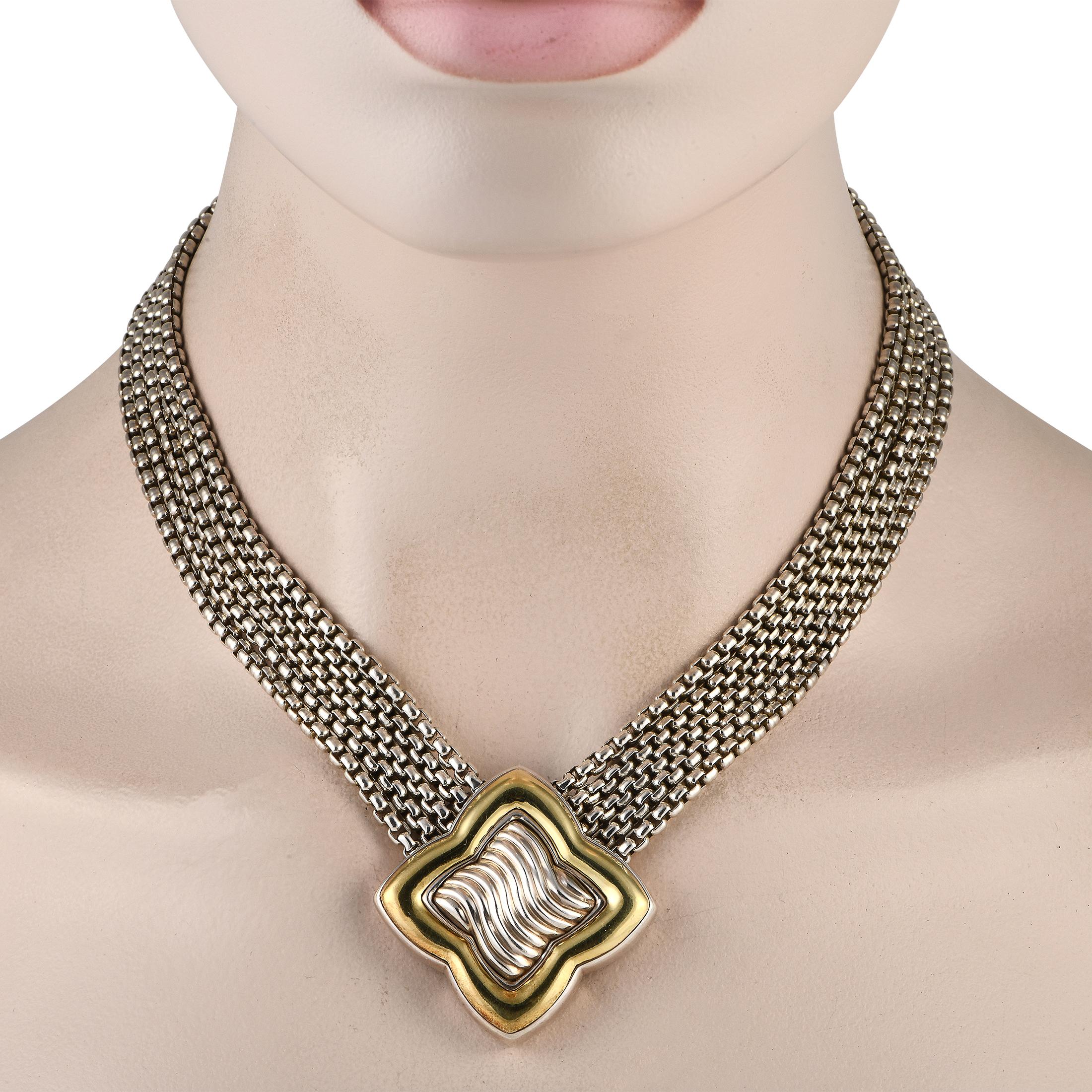 Make an edgy style statement with this creatively designed David Yurman choker in sterling silver and 18K yellow gold. The piece displays the fusion of fashion and art with its multiple strands of box chain links punctuated by a 1.75