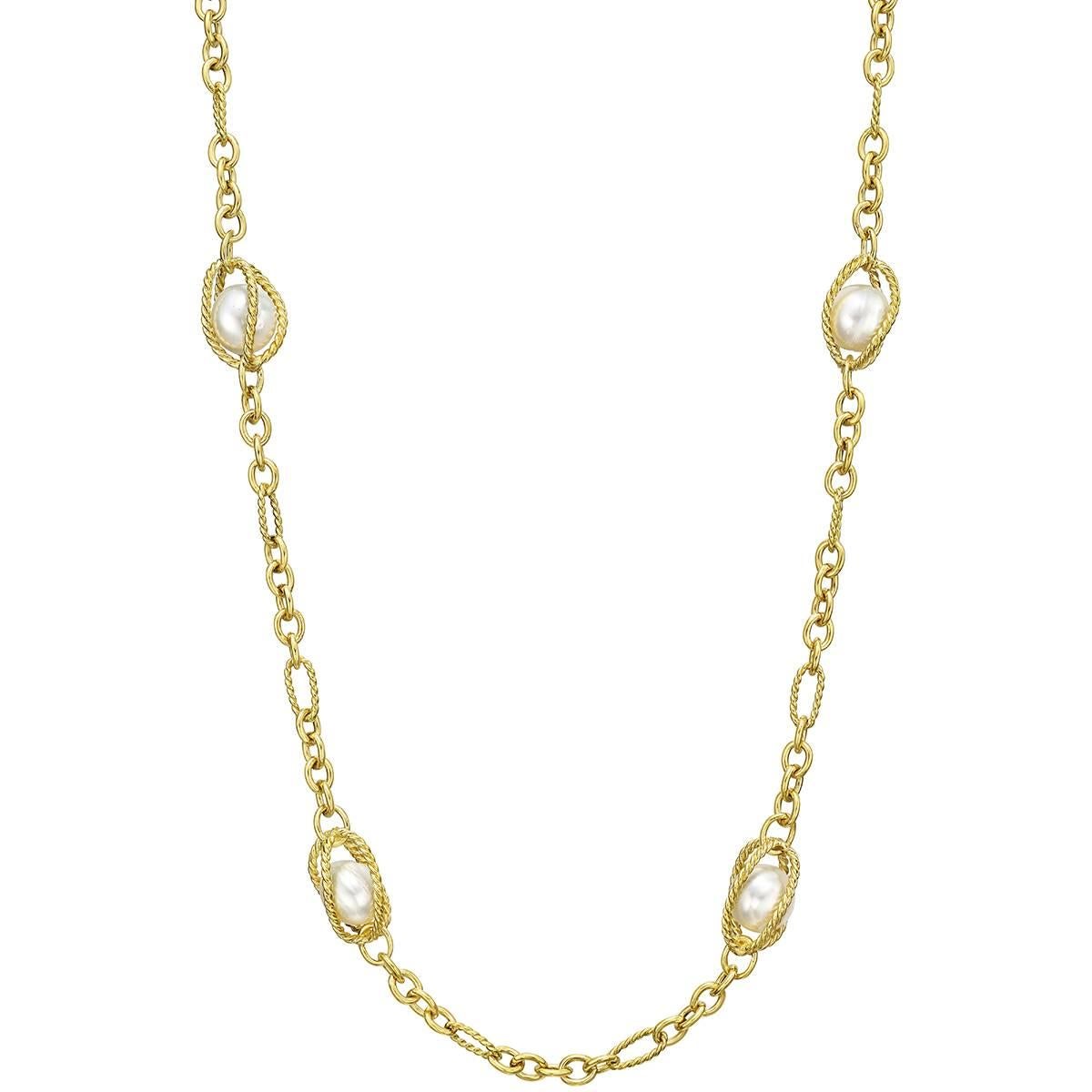David Yurman 18 Karat Yellow Gold and Pearl Cage Link Long Necklace