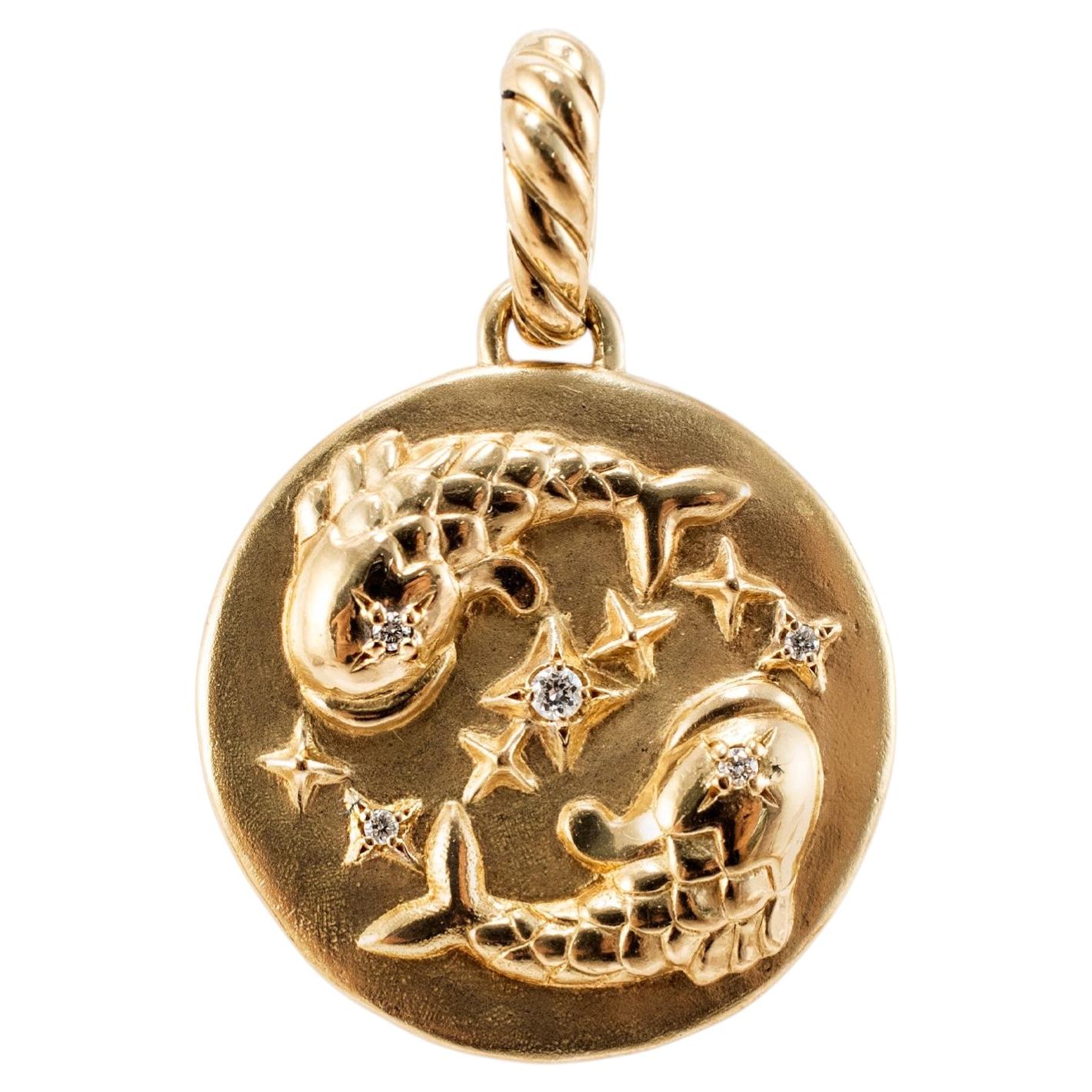 David Yurman 18K Yellow Gold 0.03ct Round Diamond Pisces Amulet Charm Pendant