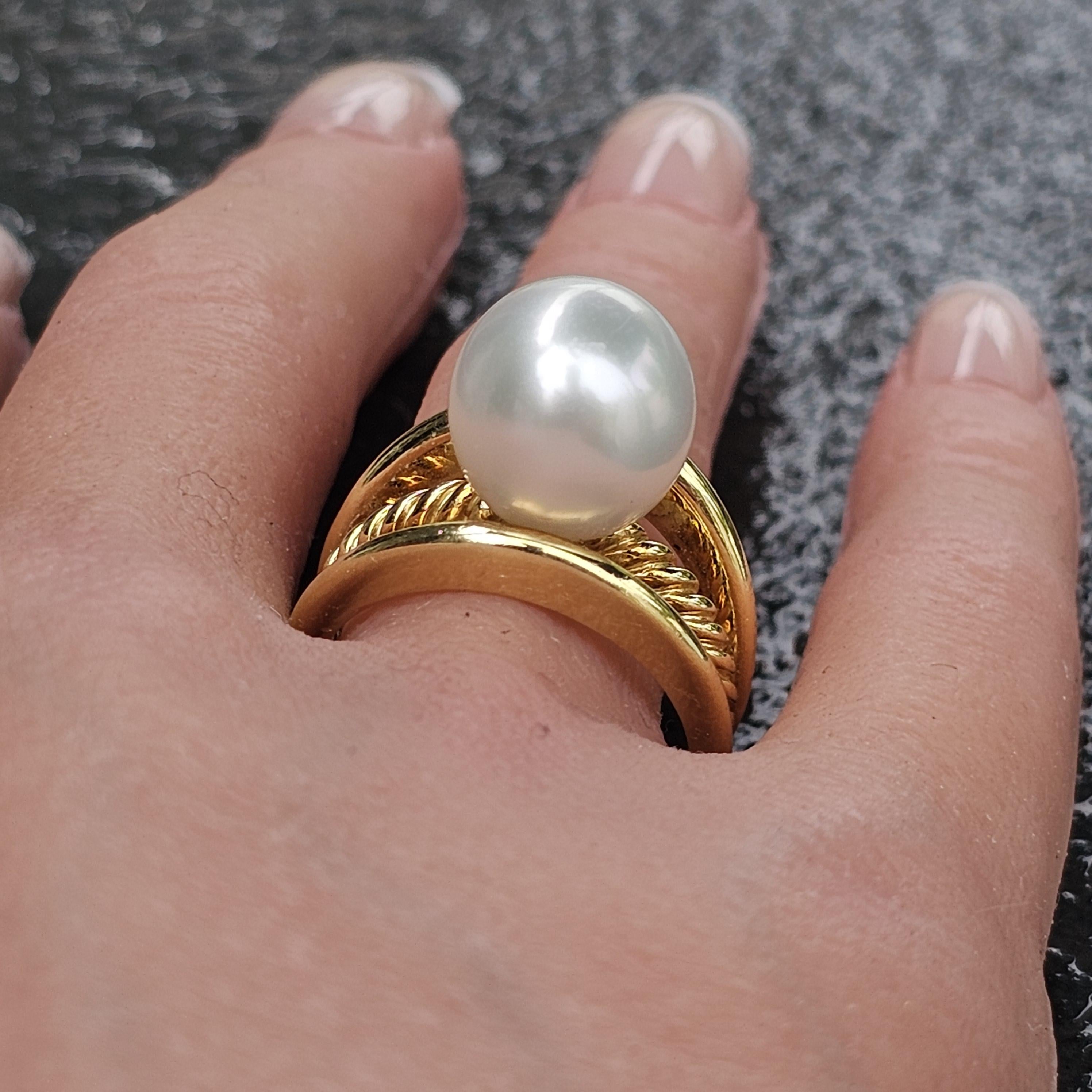 Perle David Goldes or jaune 18k Bague perle 12mm taille 8.25 12.9g Cable Split Open en vente
