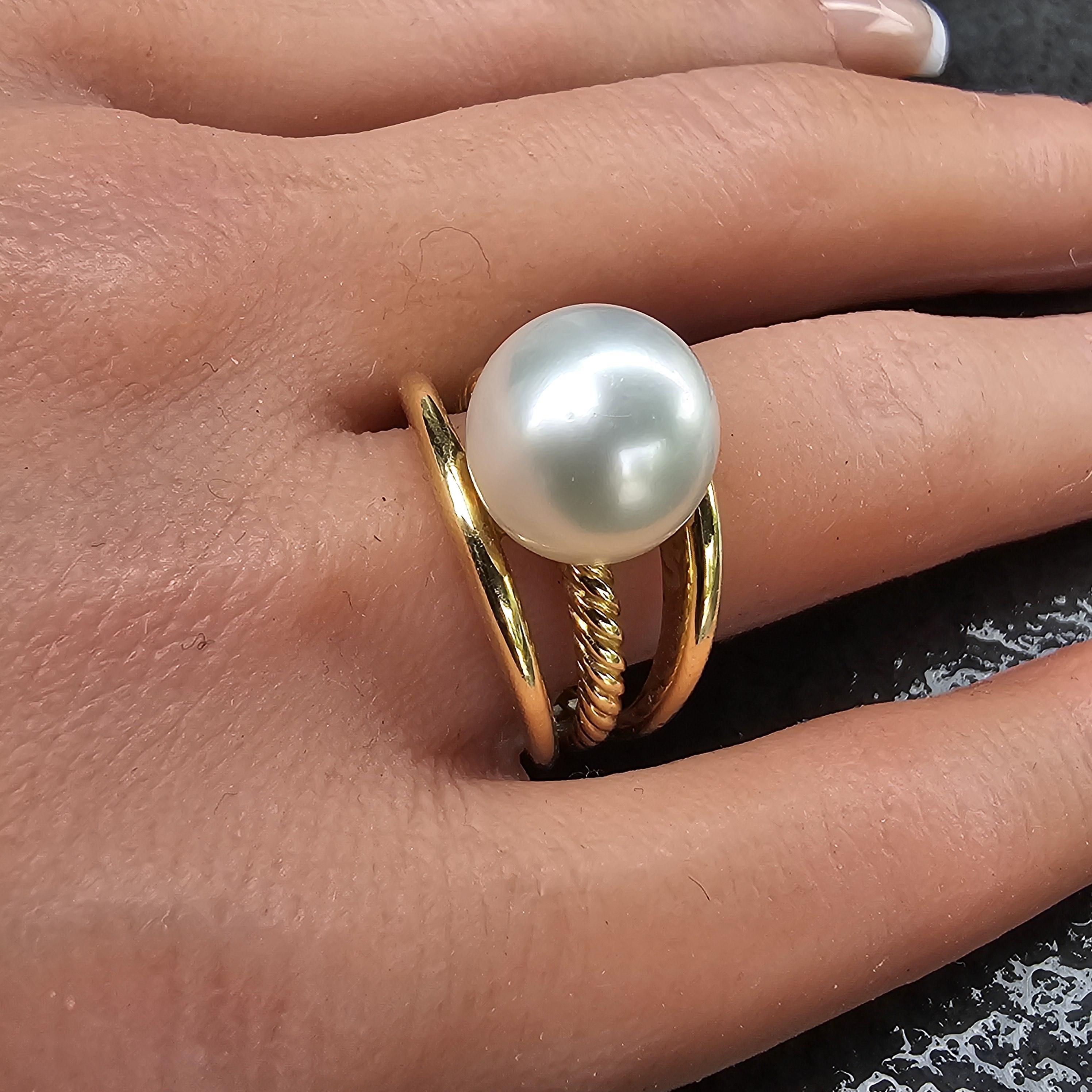 David Goldes or jaune 18k Bague perle 12mm taille 8.25 12.9g Cable Split Open Bon état - En vente à Northbrook, IL