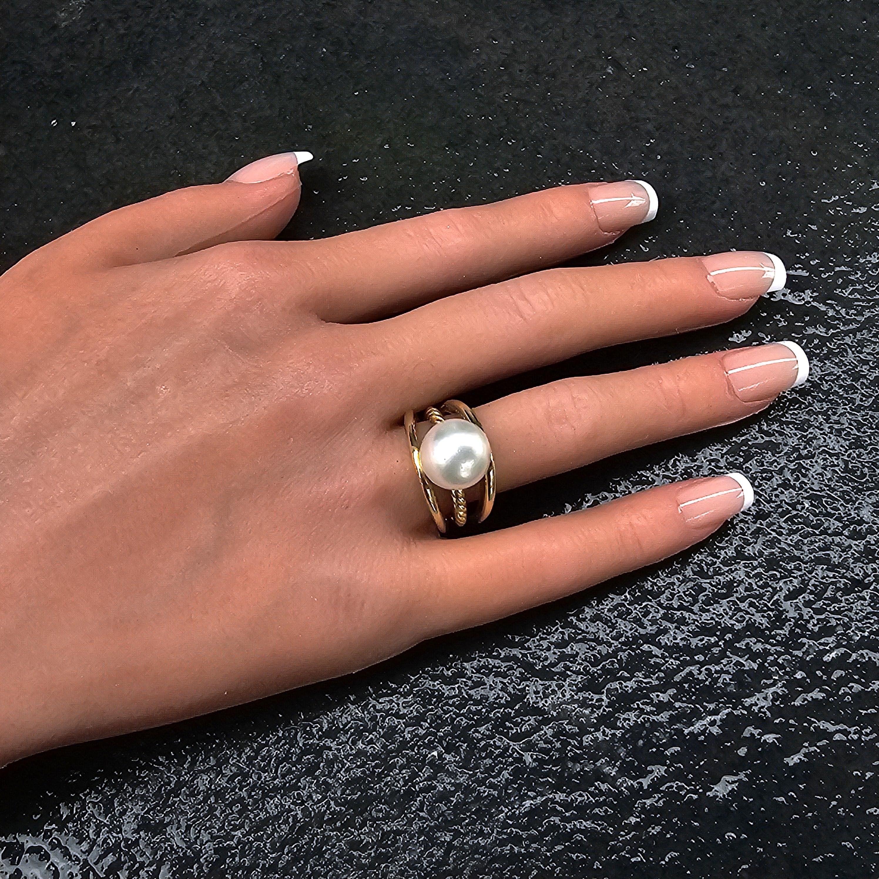 David Goldes or jaune 18k Bague perle 12mm taille 8.25 12.9g Cable Split Open Pour femmes en vente