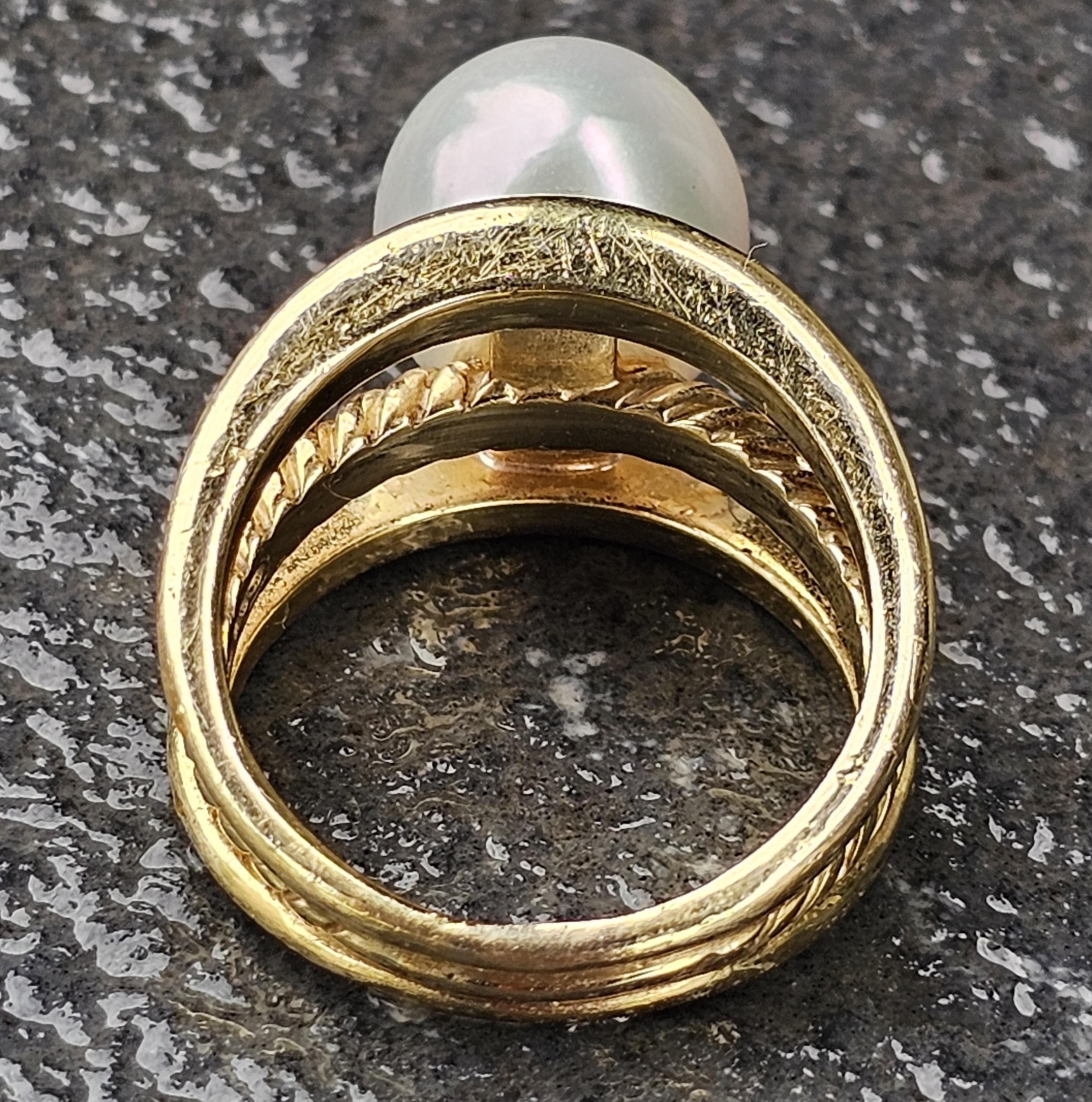 David Goldes or jaune 18k Bague perle 12mm taille 8.25 12.9g Cable Split Open en vente 1