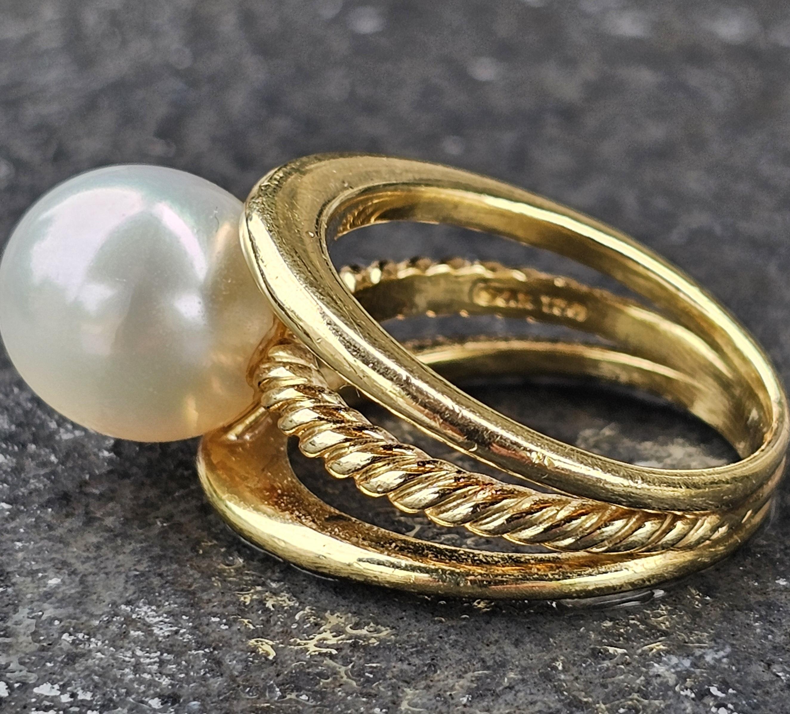 David Goldes or jaune 18k Bague perle 12mm taille 8.25 12.9g Cable Split Open en vente 3