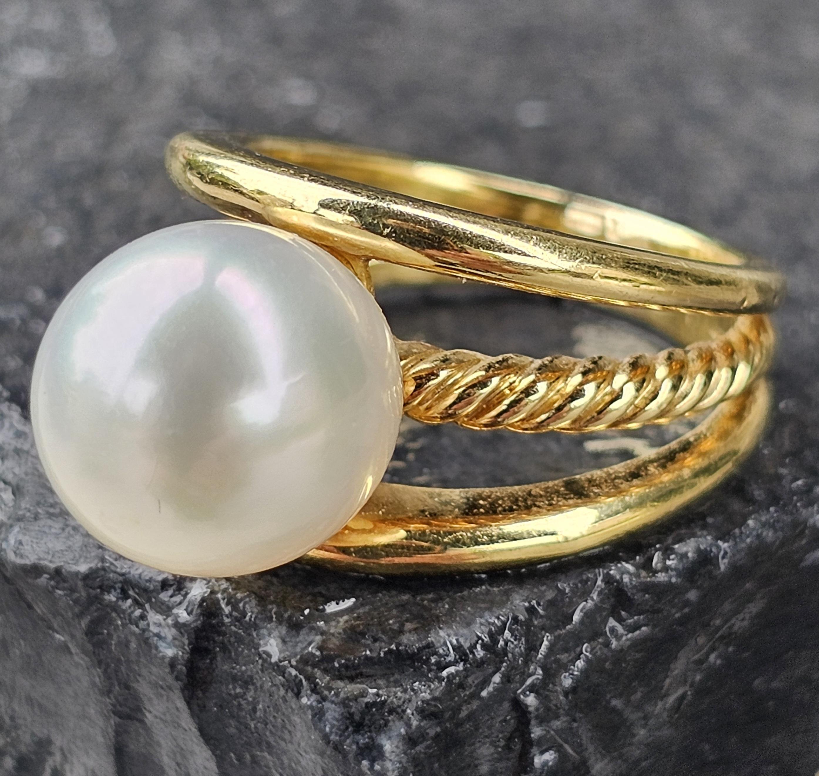 David Goldes or jaune 18k Bague perle 12mm taille 8.25 12.9g Cable Split Open en vente 4