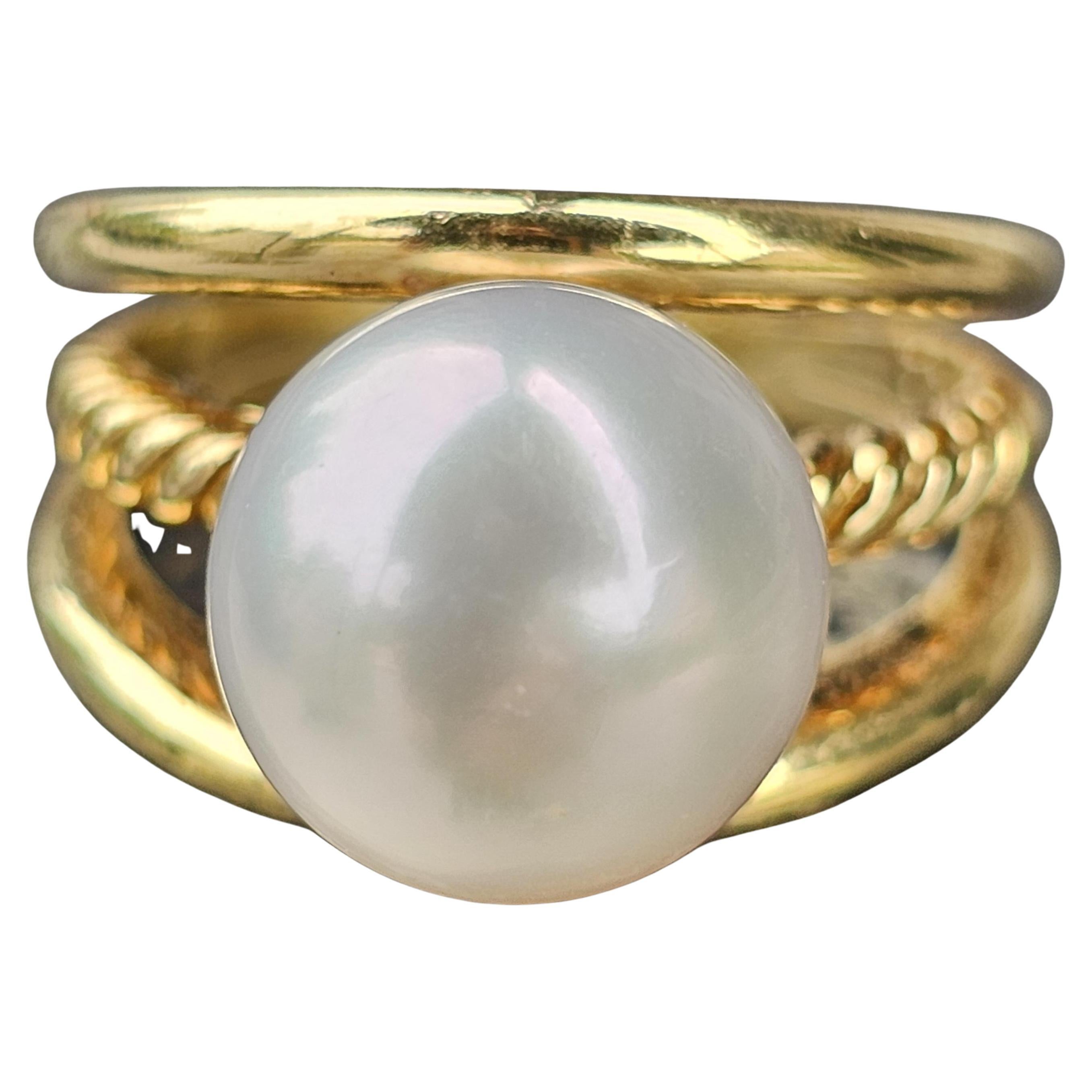 David Yurman Anillo de oro amarillo de 18 quilates con perla de 12 mm, tamaño 8,25 12,9 g Cable partido abierto
