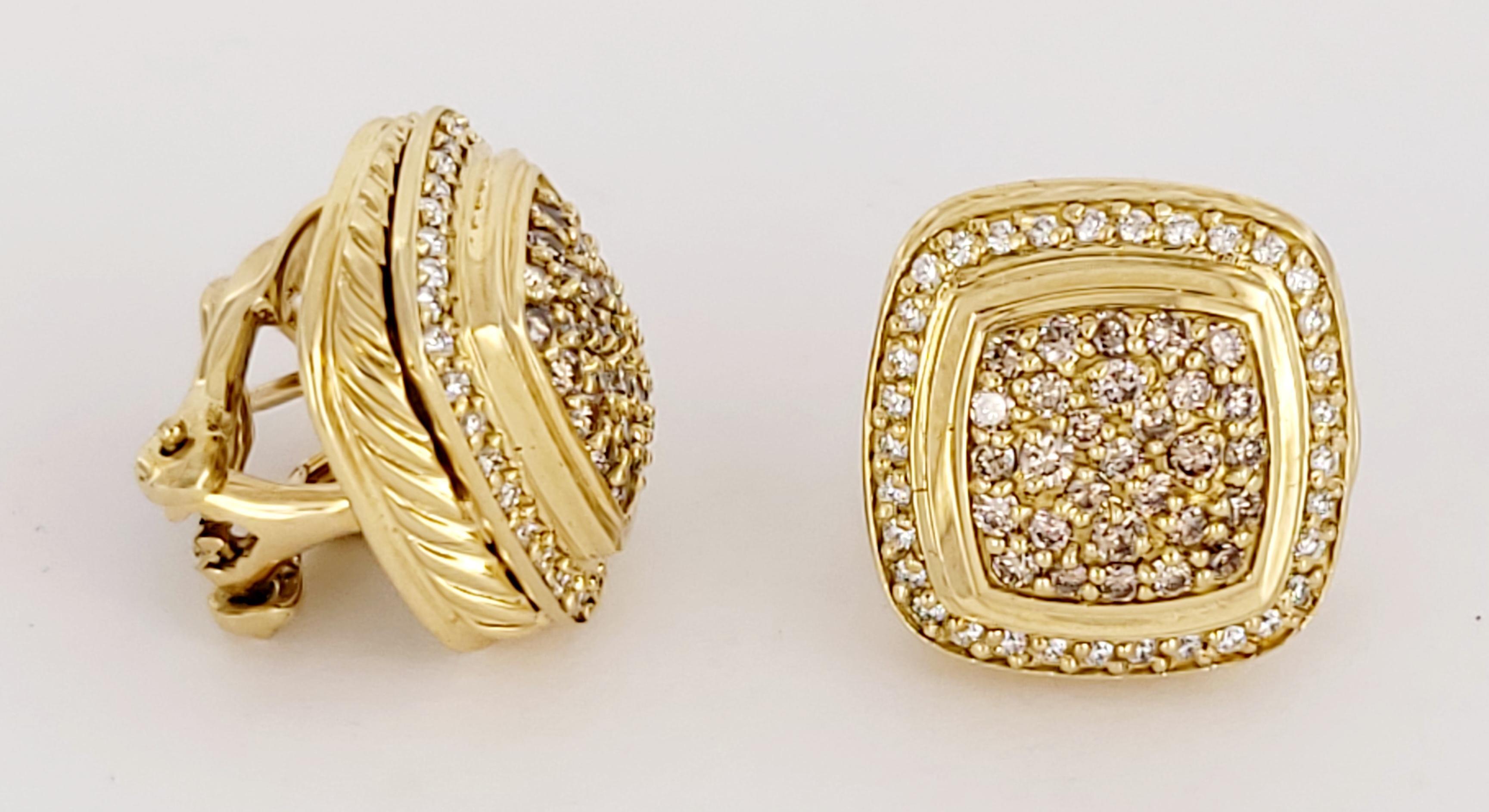 Brand David Yurman
Material 18K Yellow Gold 
Cushion shaped earrings
Chocolate Diamonds are in the Center
White diamonds surround the outer edge of the earrings
Light brown diamonds weighing 1.74ctw
The diamonds are light brown in color and SI1 in