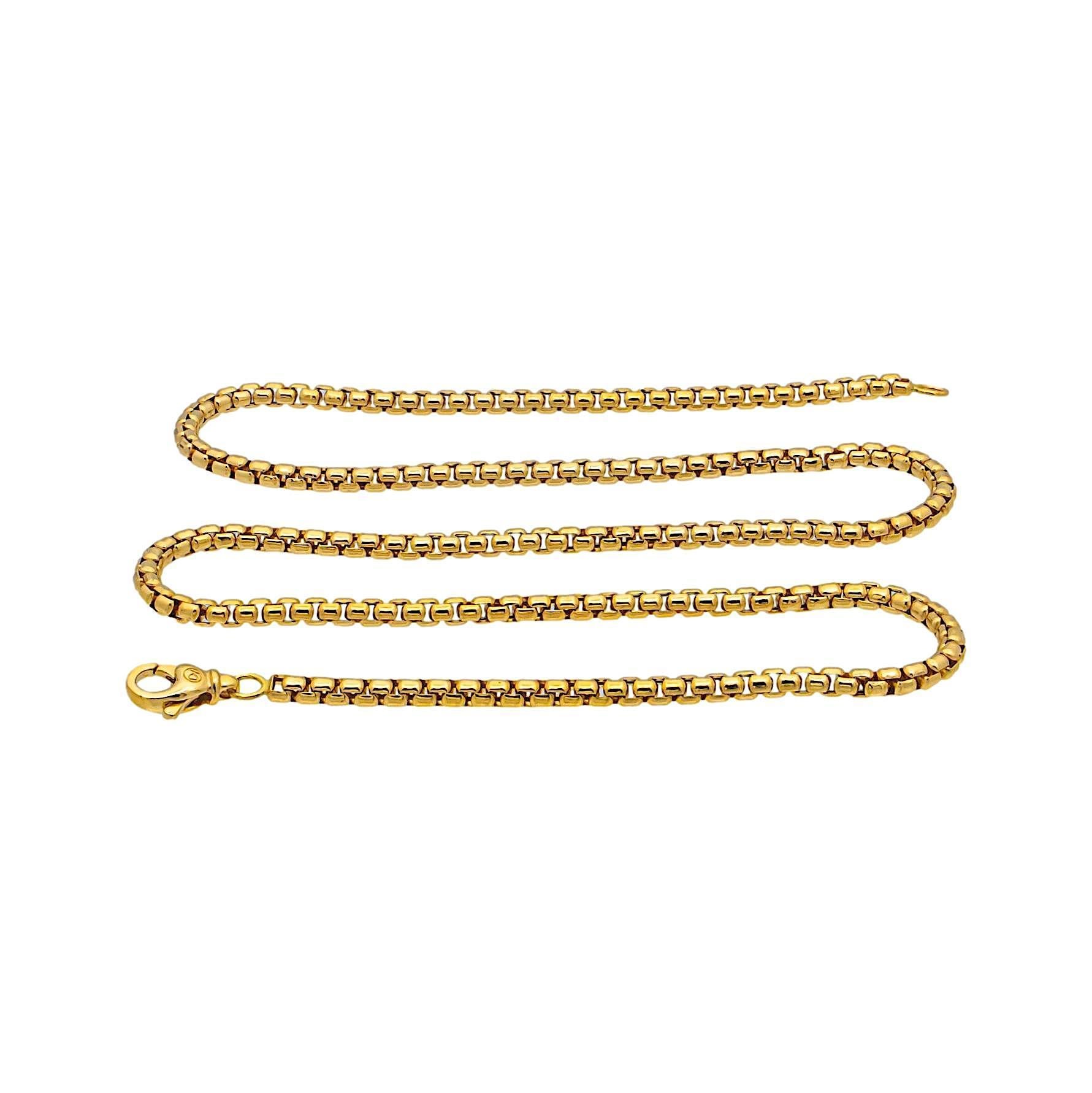 David Yurman necklace from the Chain collection for Men finely crafted in 18 karat yellow gold featuring a box link design measuring 3.4 mm wide and 22 inches long with a large lobster claw closure.  Fully hallmarked with logo and metal