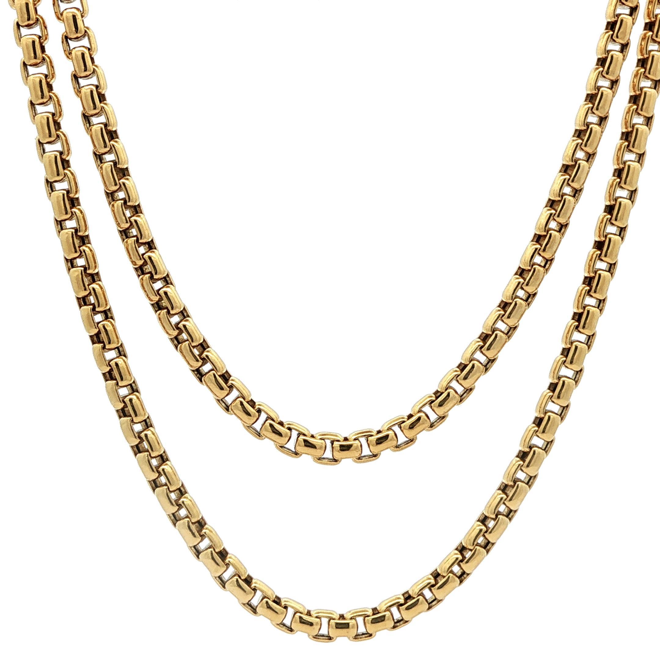 Material: Oro amarillo macizo de 18 quilates 
Peso: 67.4 gramos 
Tipo: Cadena de eslabones biselados de 3,5 mm
Longitud: 72