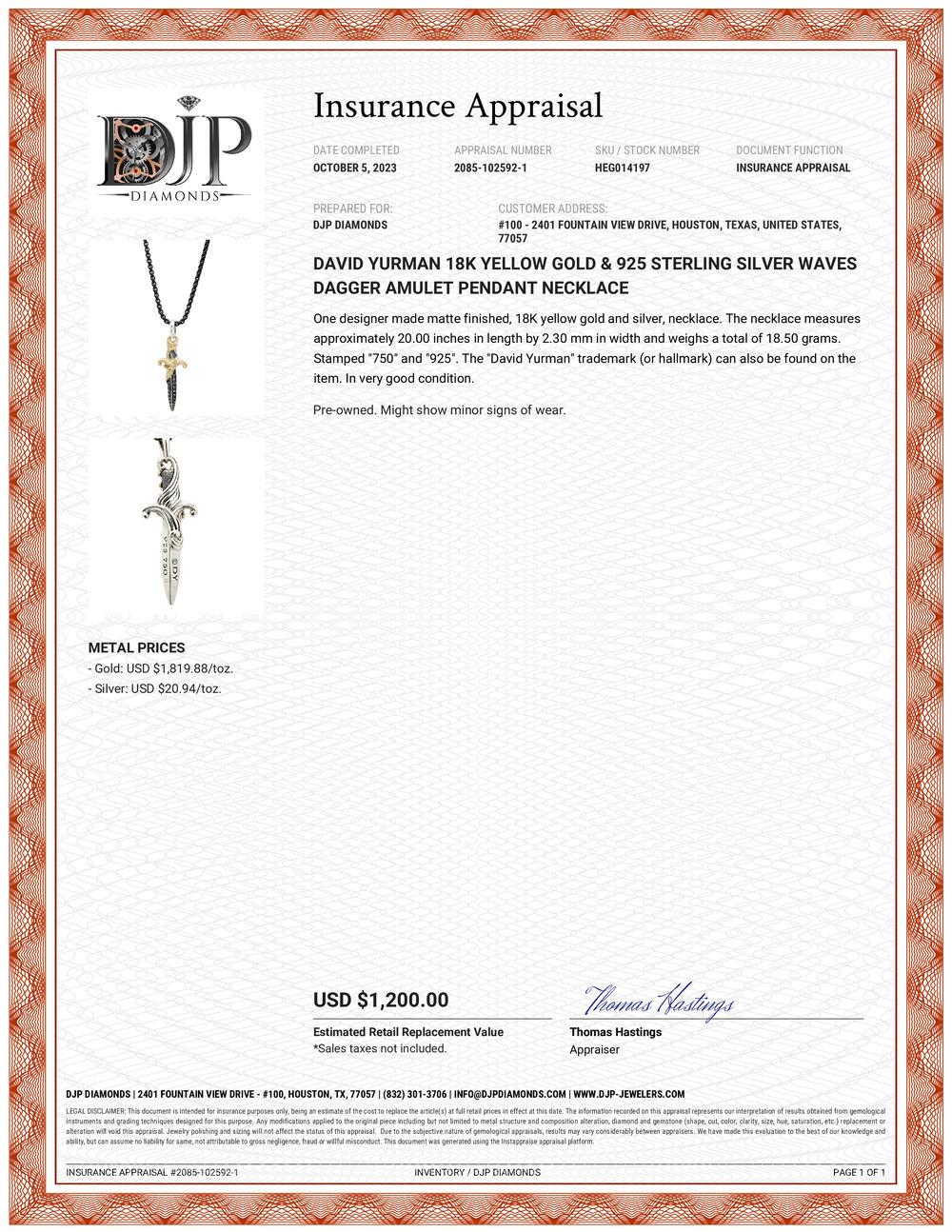 David Yurman Dagger Amulet-Halsketten aus 18 Karat Gelbgold & 925 Sterlingsilber mit Wellenformen 4