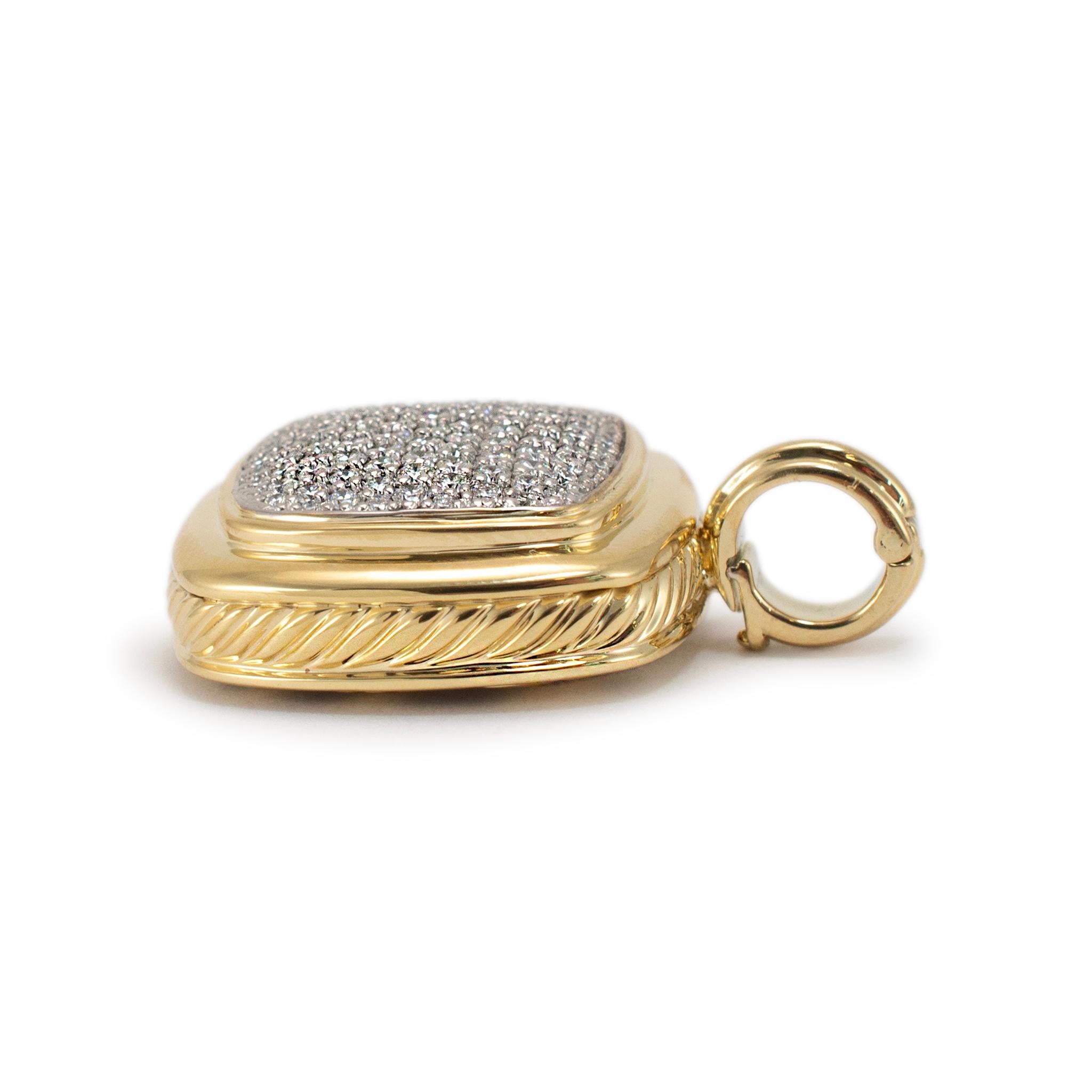 Brand: David Yurman 

Metal Type: 18K Yellow Gold

Length: 1.50 inches

Width: 26.20 mm

Weight: 25.80 grams

18K yellow gold diamond pendant. The metal was tested and determined to be 18K yellow gold. Engraved with 