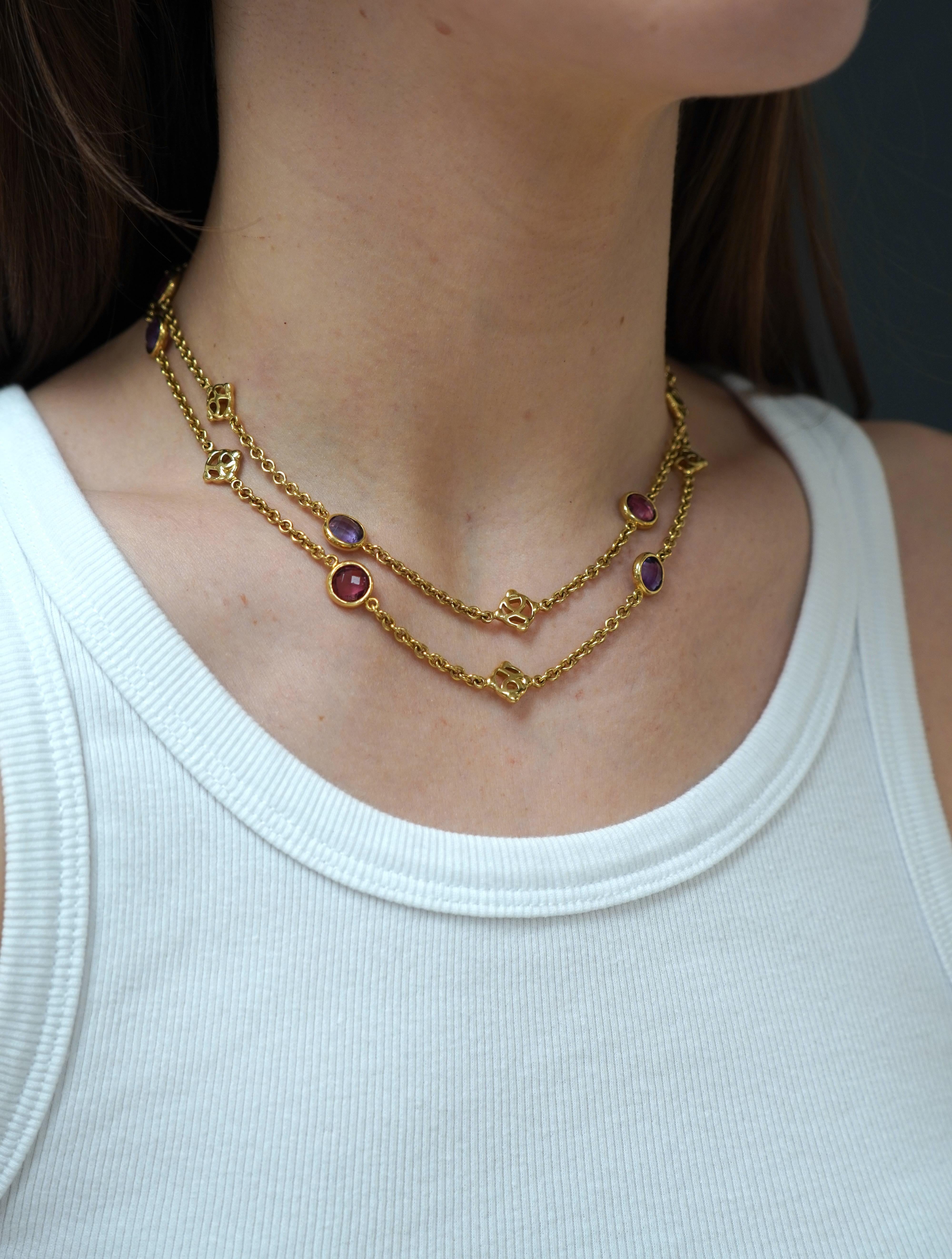 David Yurman  18K Yellow Gold Amethyst Tourmaline Albion Logo Chain Necklace In Excellent Condition In Beverly Hills, CA