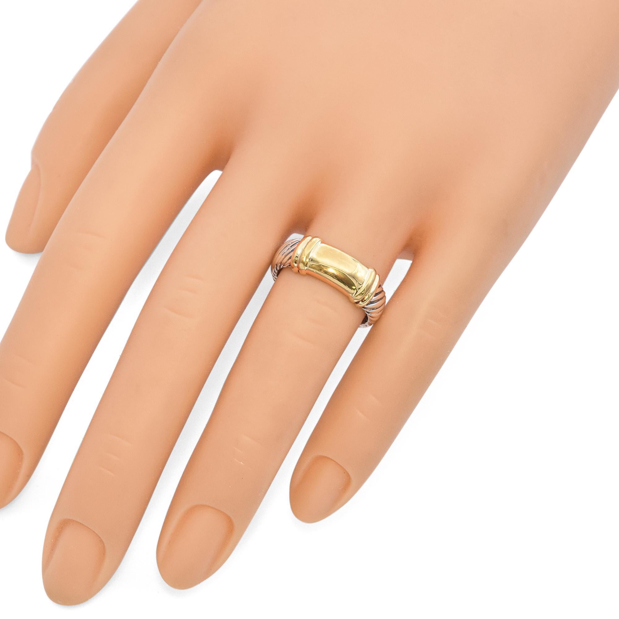 Elevate your style with this authentic David Yurman ring, a perfect fusion of luxury and modern elegance. Expertly crafted from solid 925 sterling silver with the brand’s signature twisted cable design, this ring is accented with a sleek 18K yellow