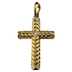 David Yurman 18K Yellow Gold and Diamond Chevron Sculpted Cross Pendant #18461