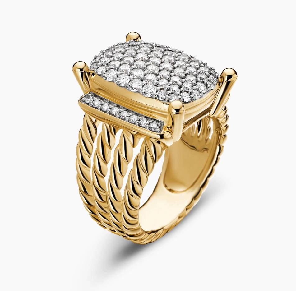 This classic ring designed by David Yurman from their Wheaton Collection, containing round brilliant cut diamonds weighing approximately 1.14 carats total.

Ring Size: 6
Stamp: D.Y. 750
Metal: 18 karat yellow gold
Gross weight: 13.85