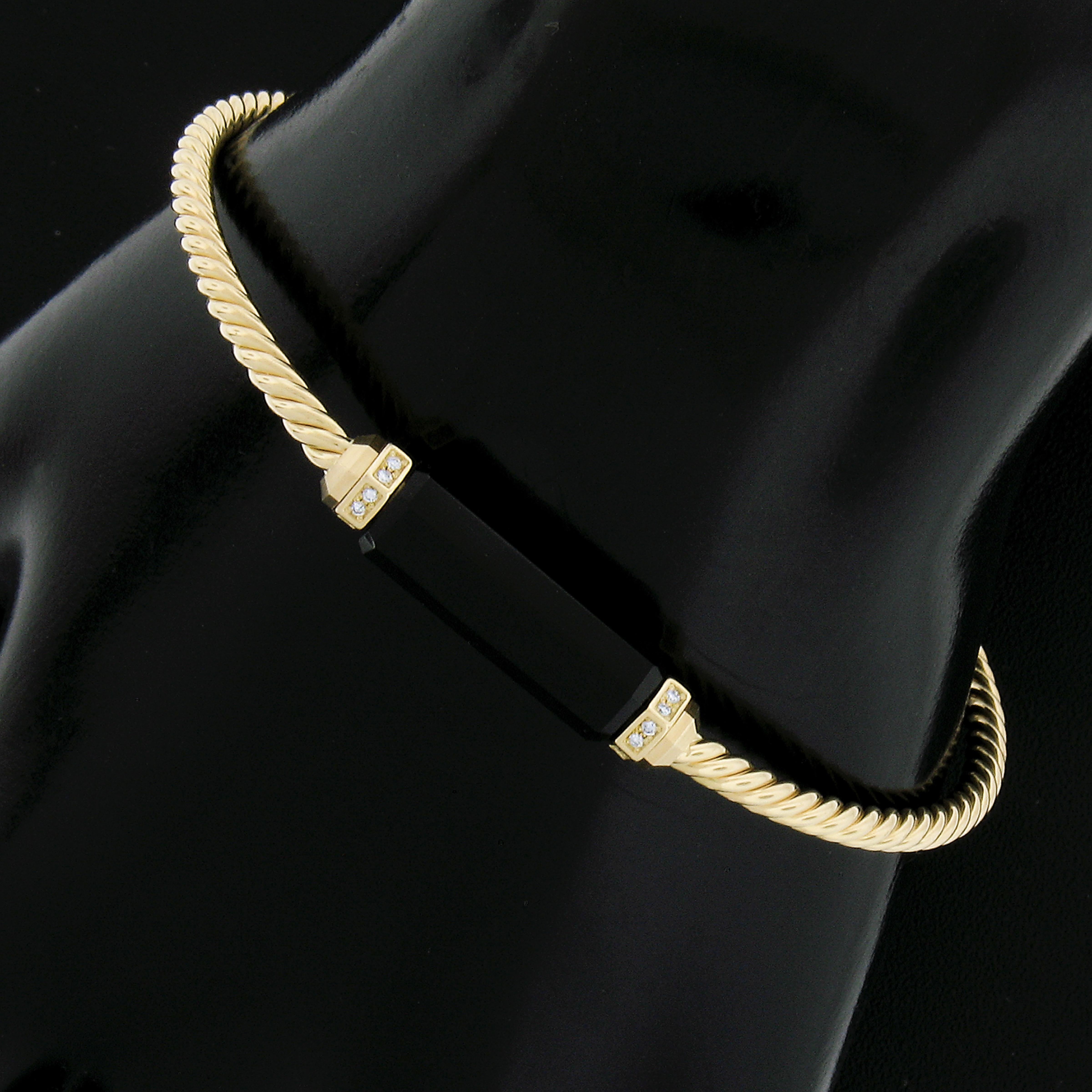 Round Cut David Yurman 18k Yellow Gold Barrel Black Onyx & Diamond Cable Bangle Bracelet