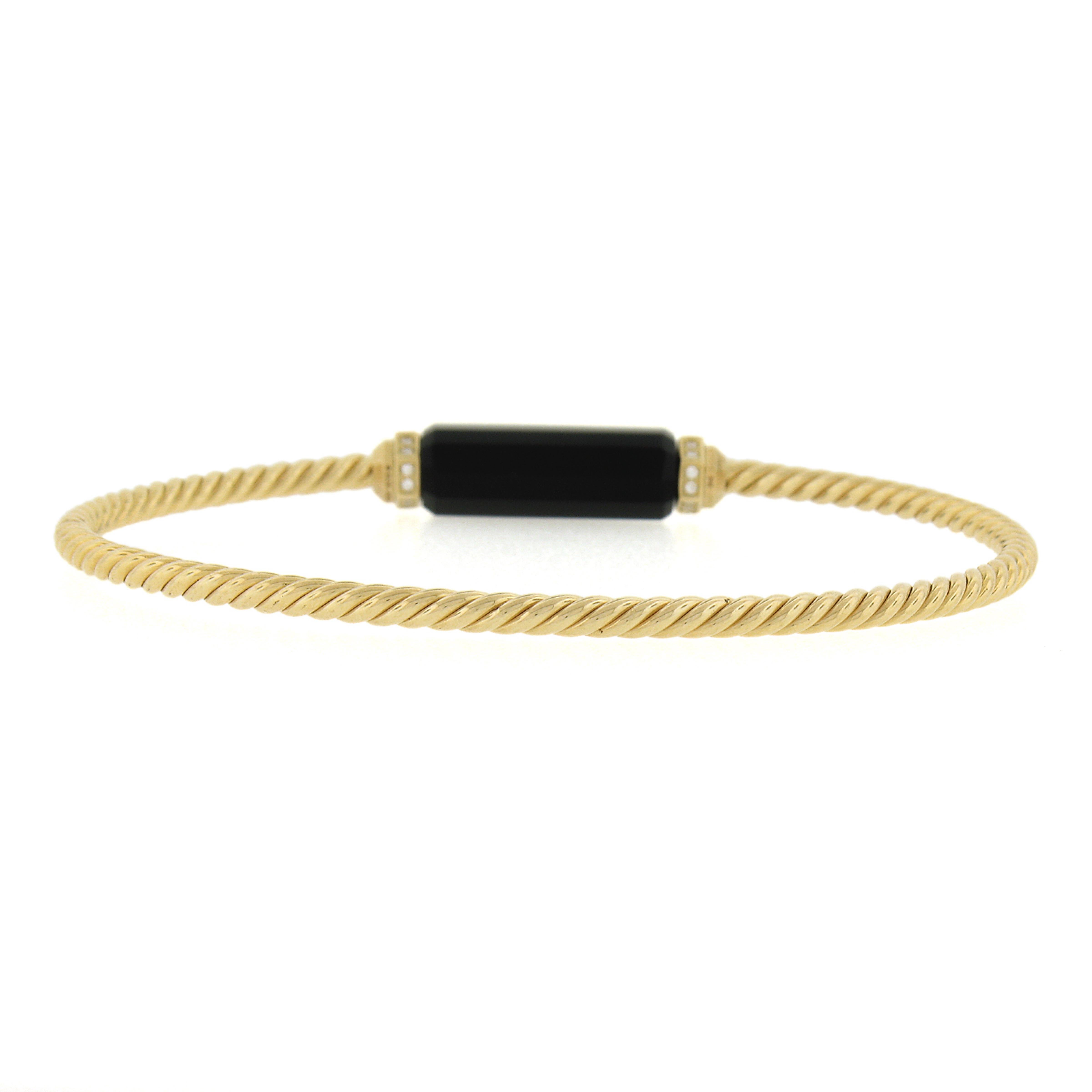 David Yurman 18k Yellow Gold Barrel Black Onyx & Diamond Cable Bangle Bracelet In Excellent Condition In Montclair, NJ