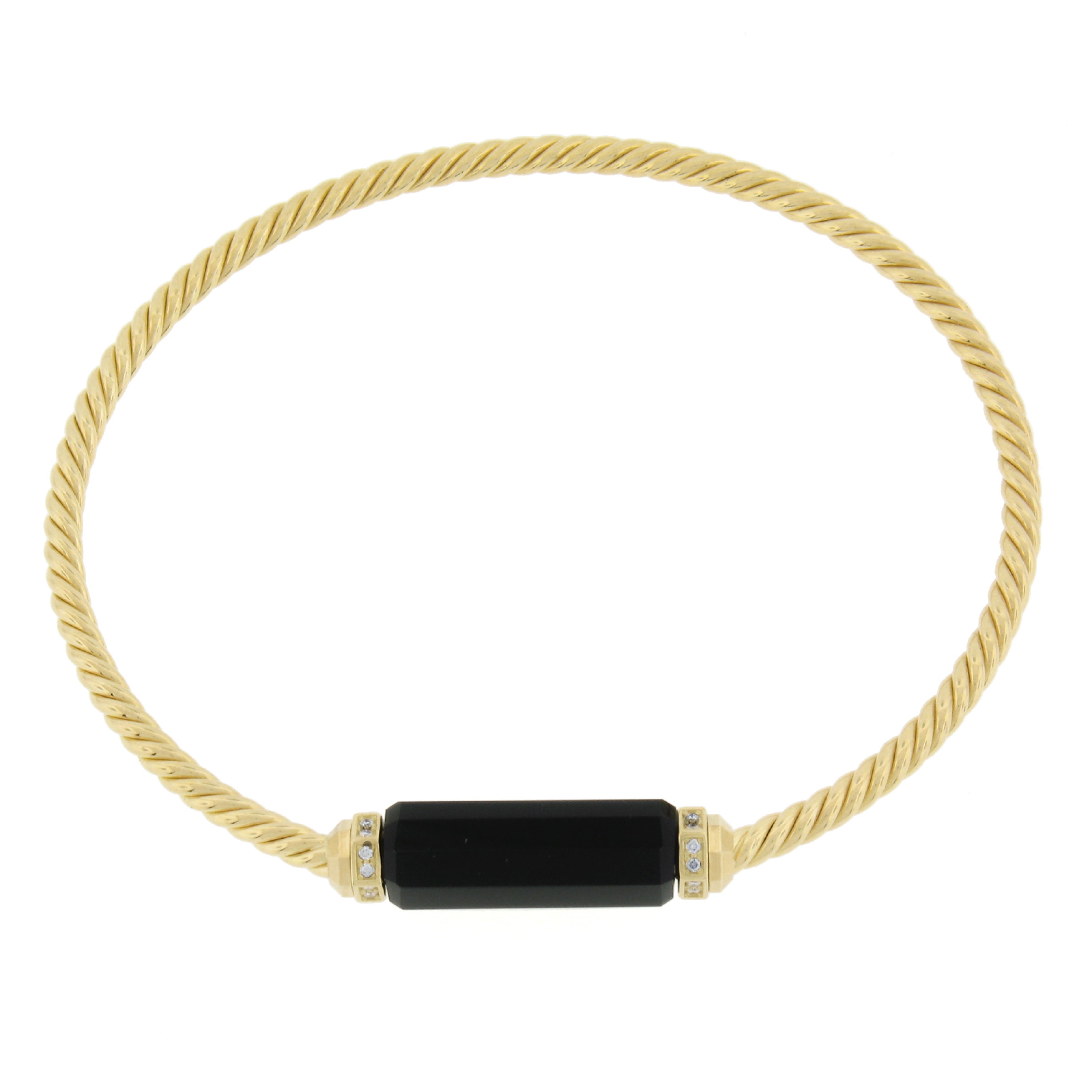 Women's or Men's David Yurman 18k Yellow Gold Barrel Black Onyx & Diamond Cable Bangle Bracelet