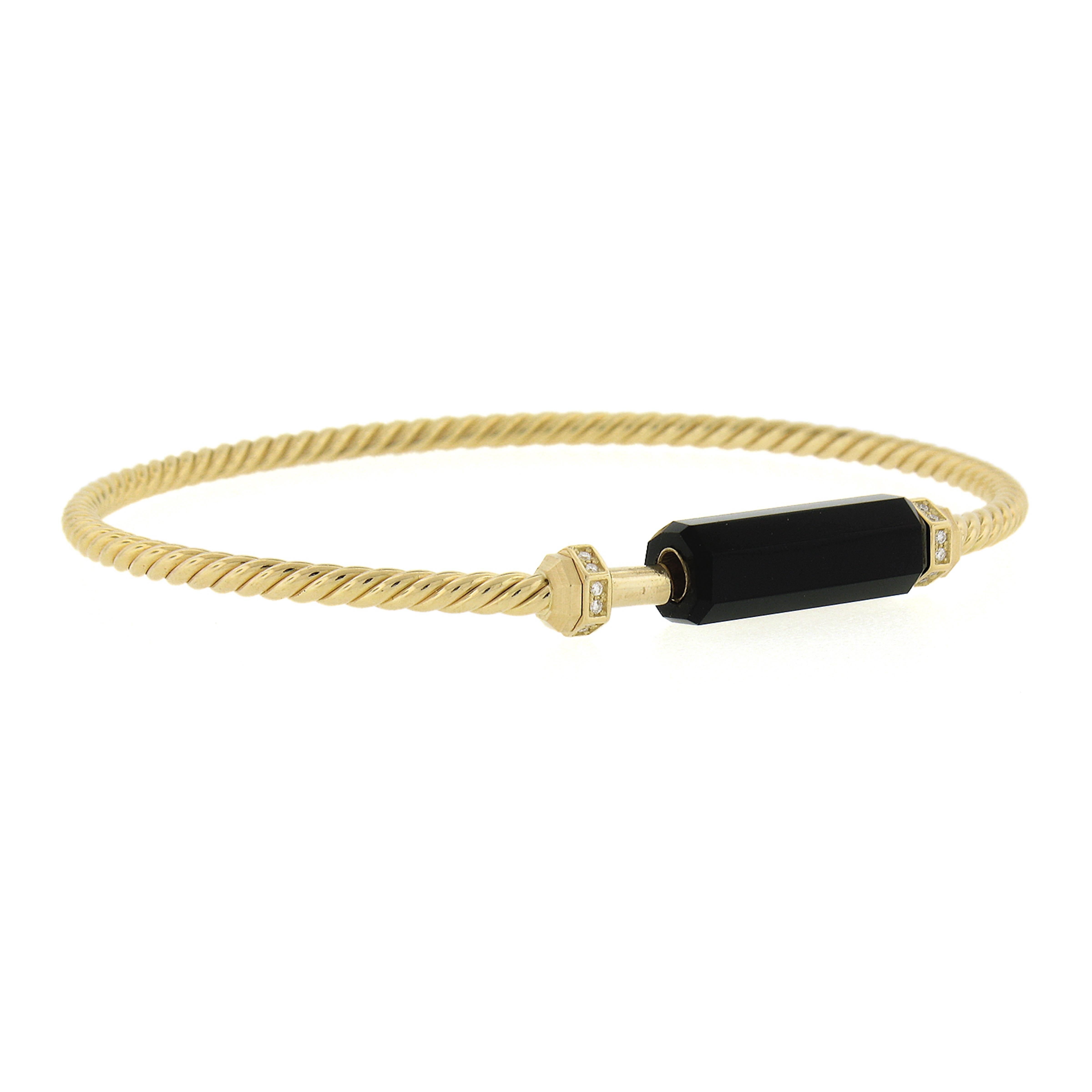 David Yurman 18k Yellow Gold Barrel Black Onyx & Diamond Cable Bangle Bracelet 1