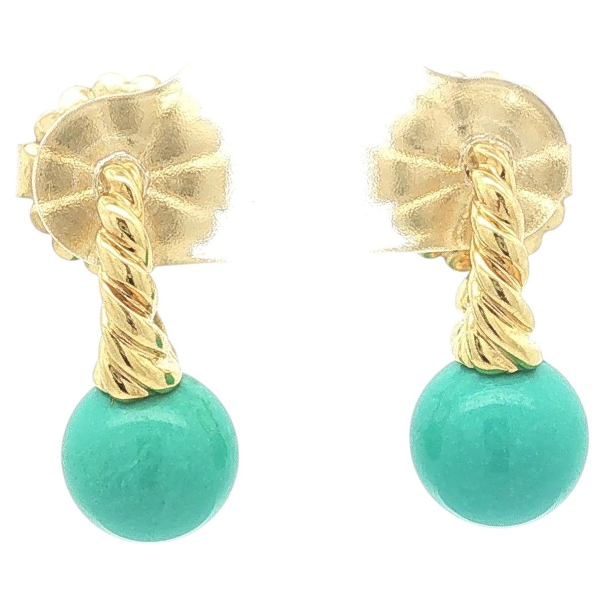 David Yurman 18k Yellow Gold Bead Turquoise Twisted Cable Cuff Drop Earrings For Sale